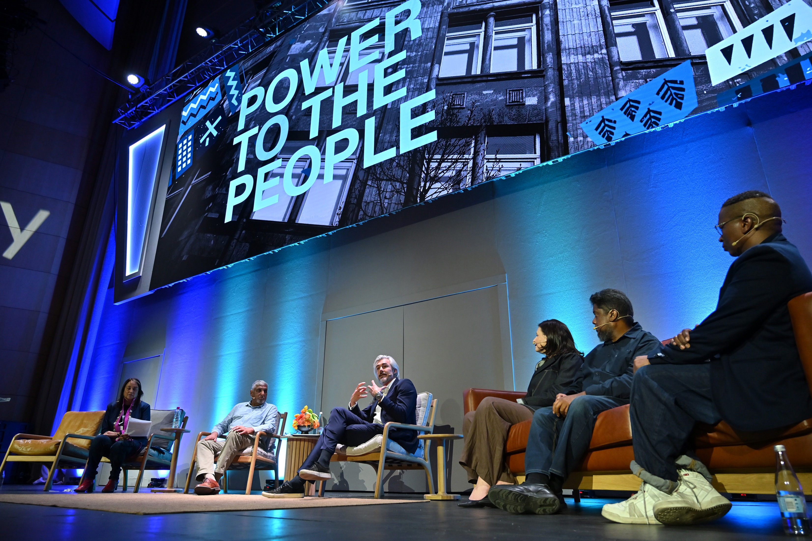 Ferial Haffajee moderates a panel with Yunus Chamda, Tim Harris, Bea Swanepoel, Asad Gaffar and Malibongwe Tyilo at The Gathering 2026