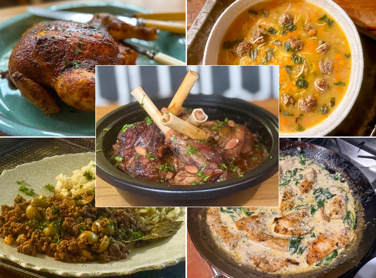 In no particular order, clockwise from bottom left: Picadillo, curry-butter roast chicken, Italian wedding soup, Florentine chicken and seven-hour lamb shank tagine. (Photos: Tony Jackman)