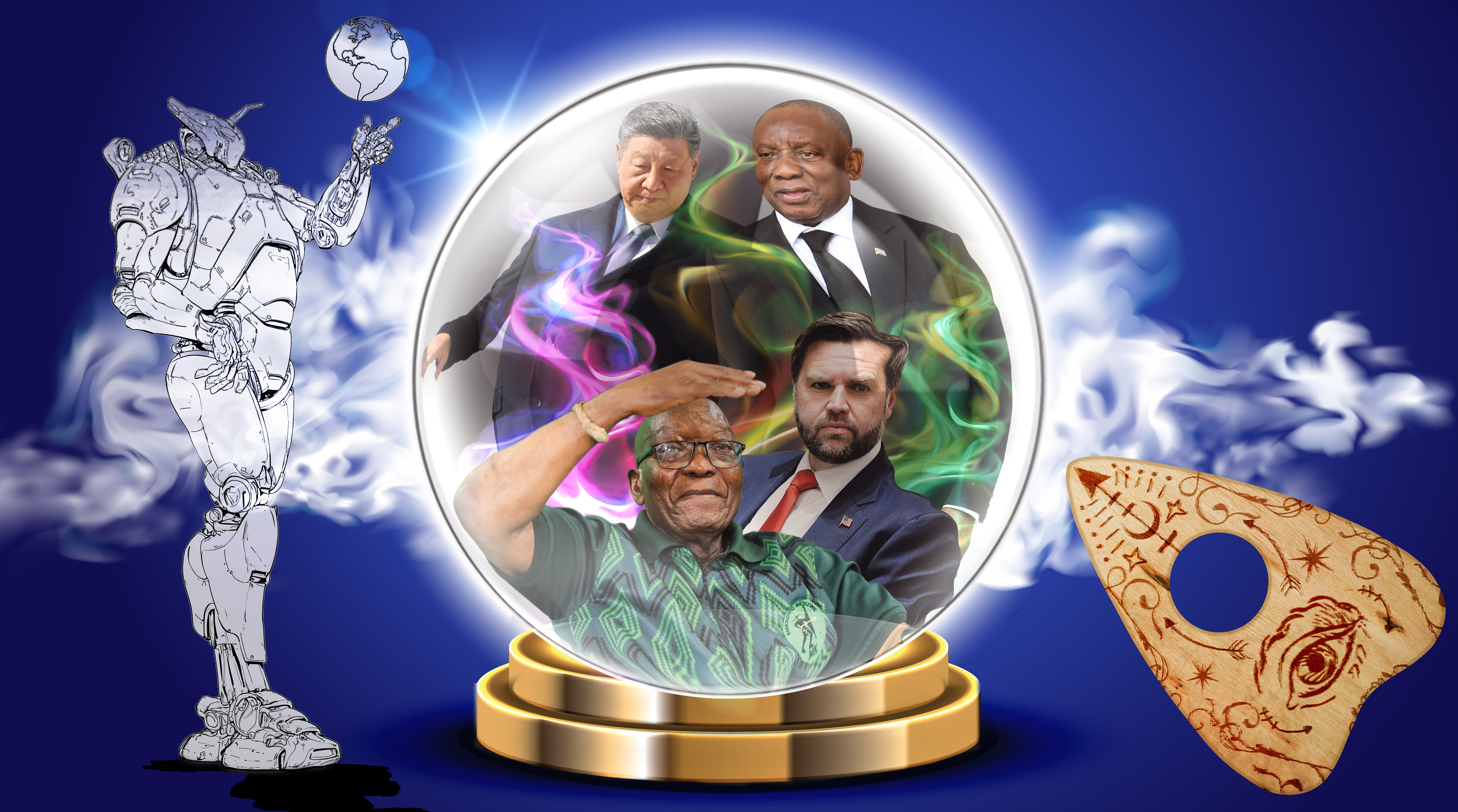 Illustrative image: The use of artificial intelligence will continue to grow, but a tech stock bubble is looming as less expensive and simpler versions become available. Clockwise from top left: Chinese President Xi Jinping, President Cyril Ramaphosa, US Vice-President JD Vance and MK party president Jacob Zuma. (Image: Midjourney. Photos: EPA; Siyabonga Sokhela / Gallo Images; Luba Lesolle / Gallo Images; Aaron Schwartz / EPA; Crystal ball image: iStockA Ouija planchette. Image: Pixabay) Graphic design: Jocelyn Adamson