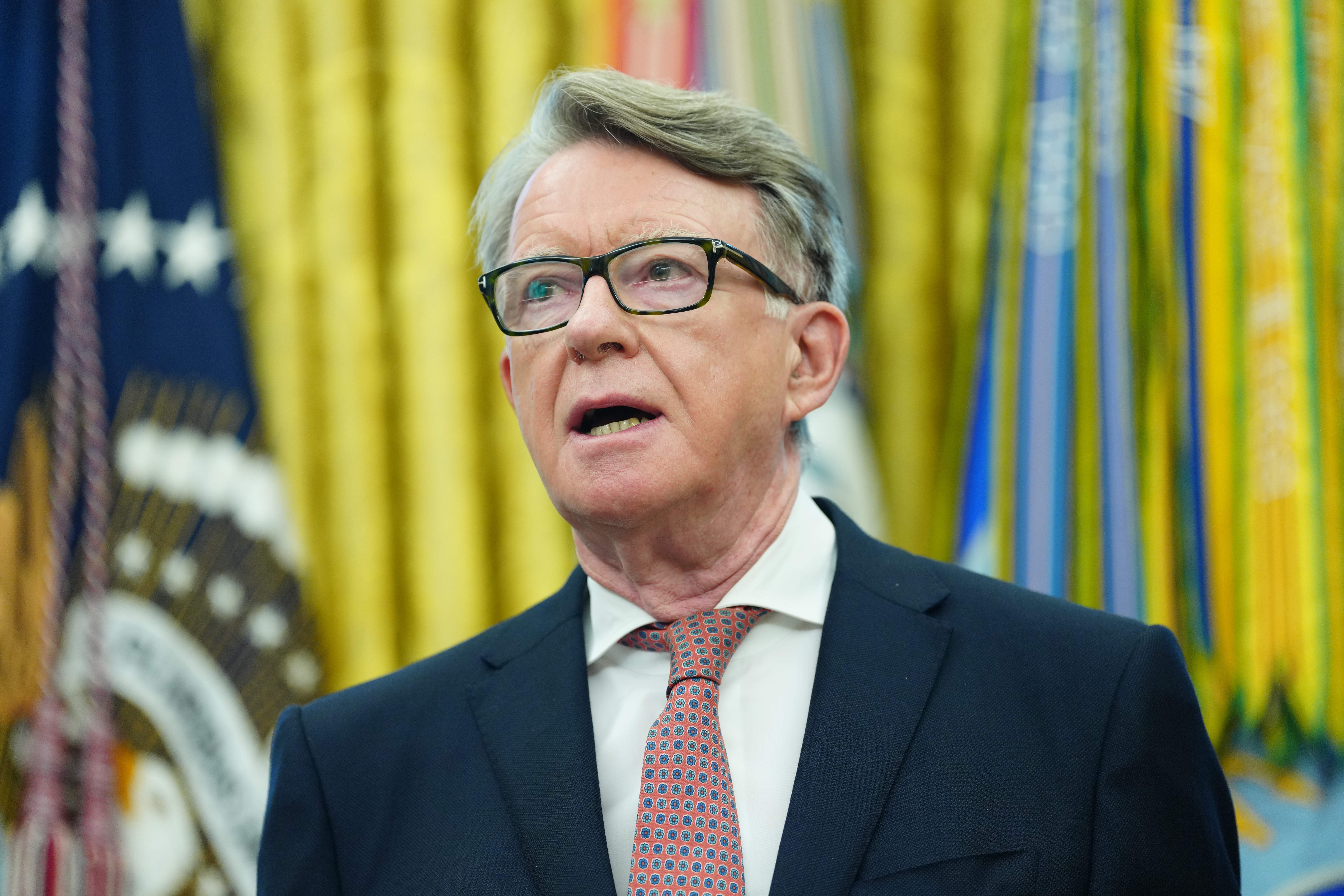 British Ambassador to the United States Peter Mandelson listens as US President Donald Trump (not pictured) announces a trade agreement between the United States and the United Kingdom in the Oval Office of the White House in Washington, DC, USA, 08 May 2025.  EPA/BONNIE CASH / POOL