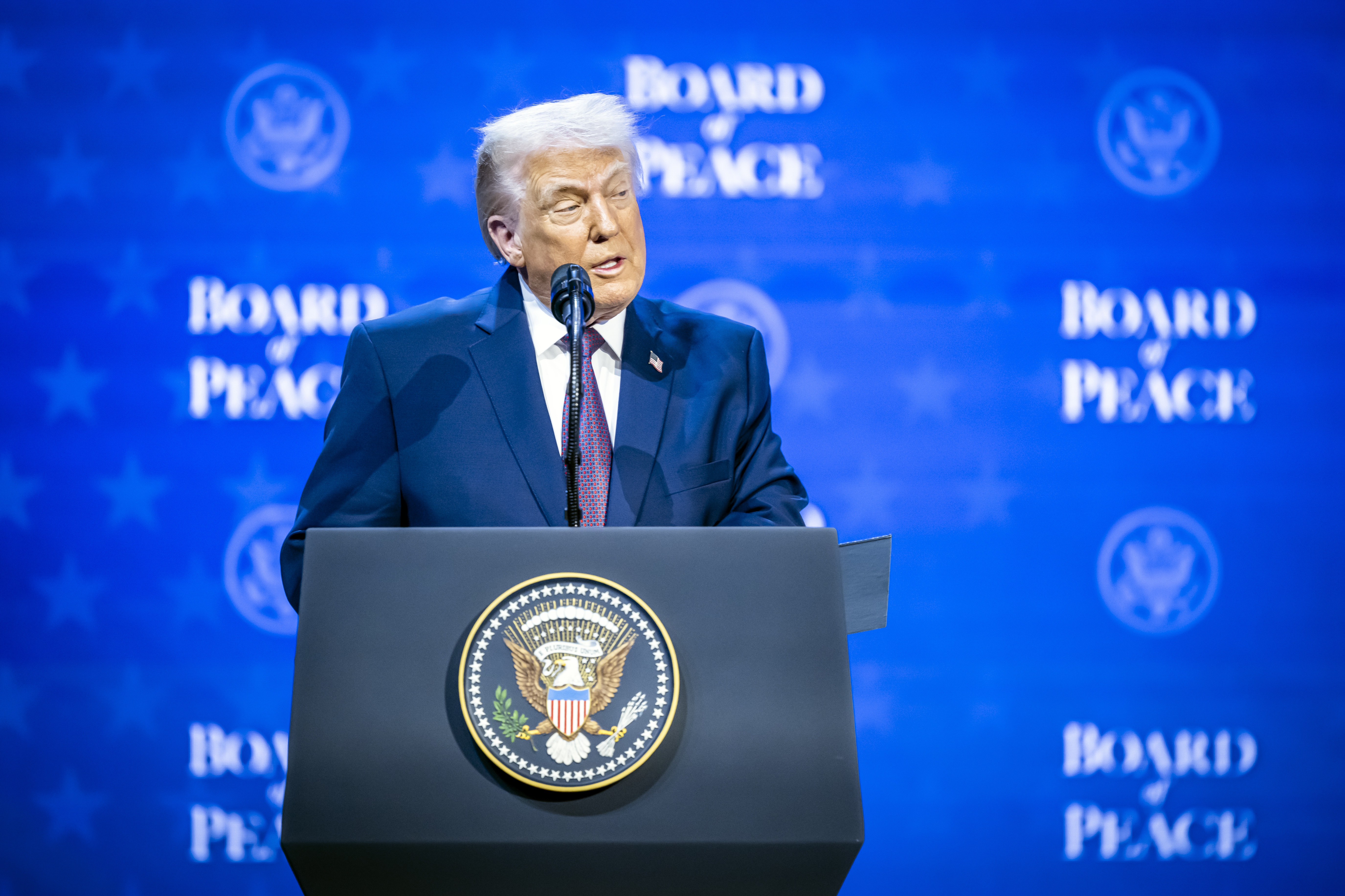 US President Donald Trump speaks at the 'Board of Peace' meeting during the 56th annual meeting of the World Economic Forum (WEF), in Davos, Switzerland, 22 January 2026. The 2026 summit, running from 19 to 23 January and held under the theme 'A Spirit of Dialogue,' brings together global political leaders, corporate executives, and scientists to address international challenges.  EPA/GIAN EHRENZELLER