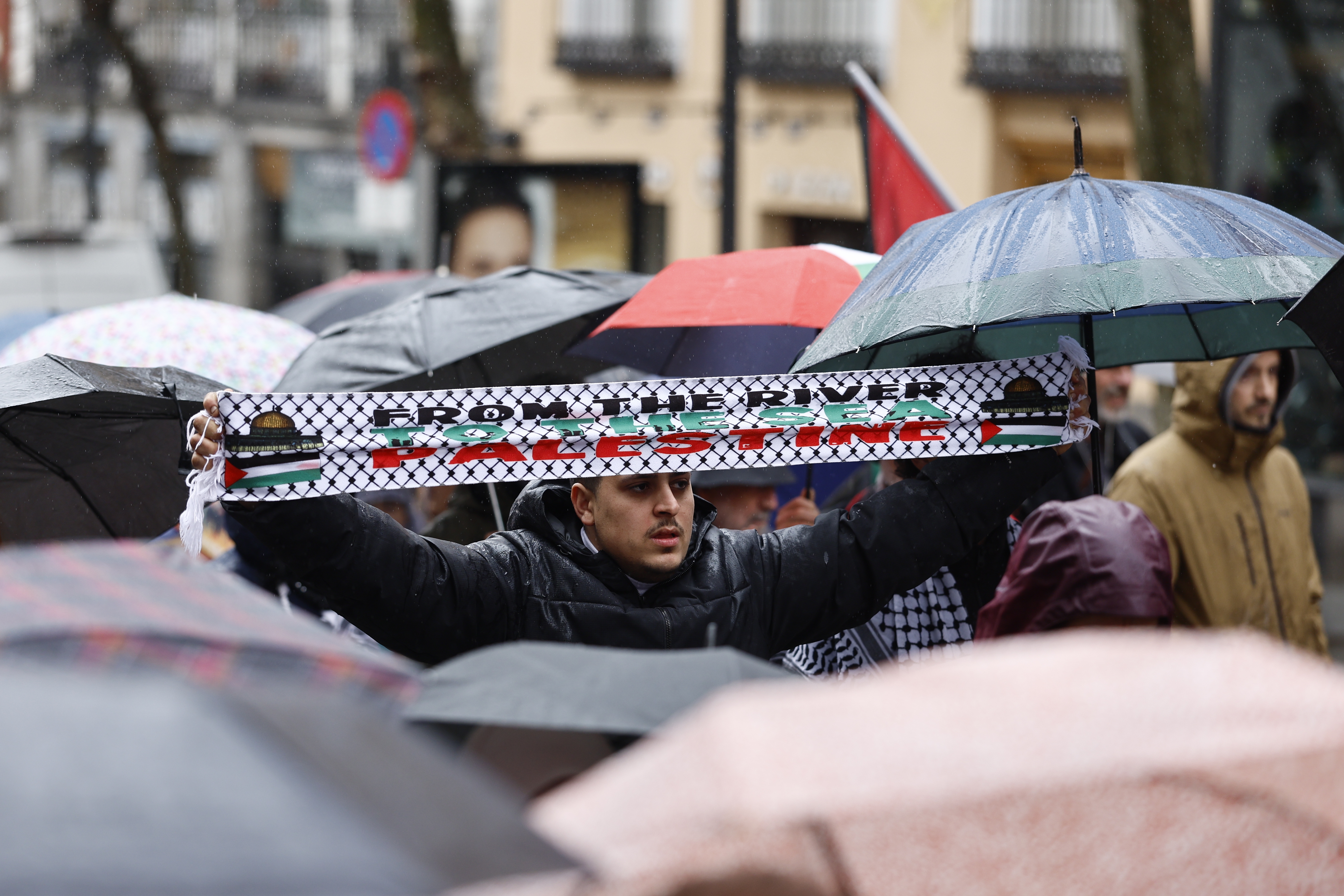 Protesters gather near the Foreign Ministry in Madrid, Spain, 01 February 2026, to demonstrate against the military campaign in Gaza and to call for a comprehensive arms embargo on Israel.  EPA/Rodrigo Jimenez