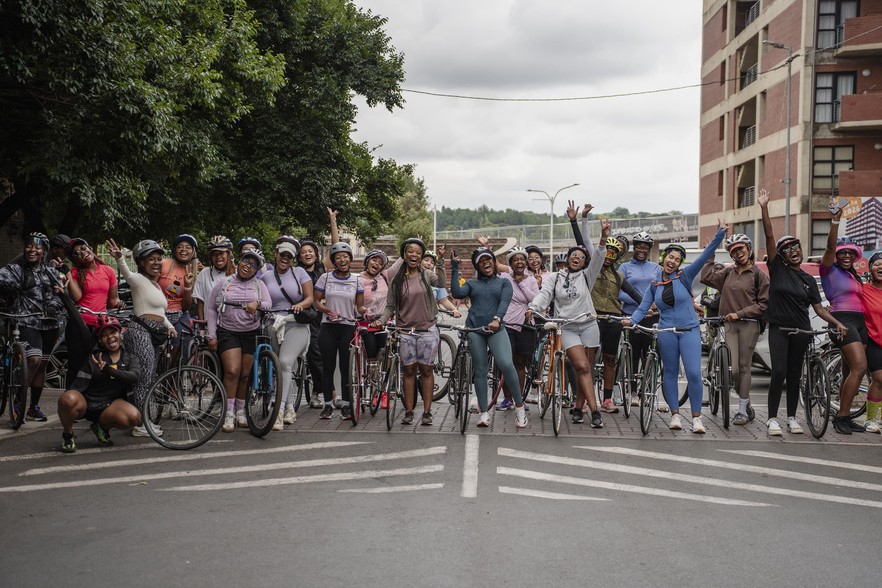 Women gather outside Cycle Boutique in Milpark at the start of the twice-monthly Girls on Bike ride through Johannesburg. (Photo: Ihsaan Haffejee)