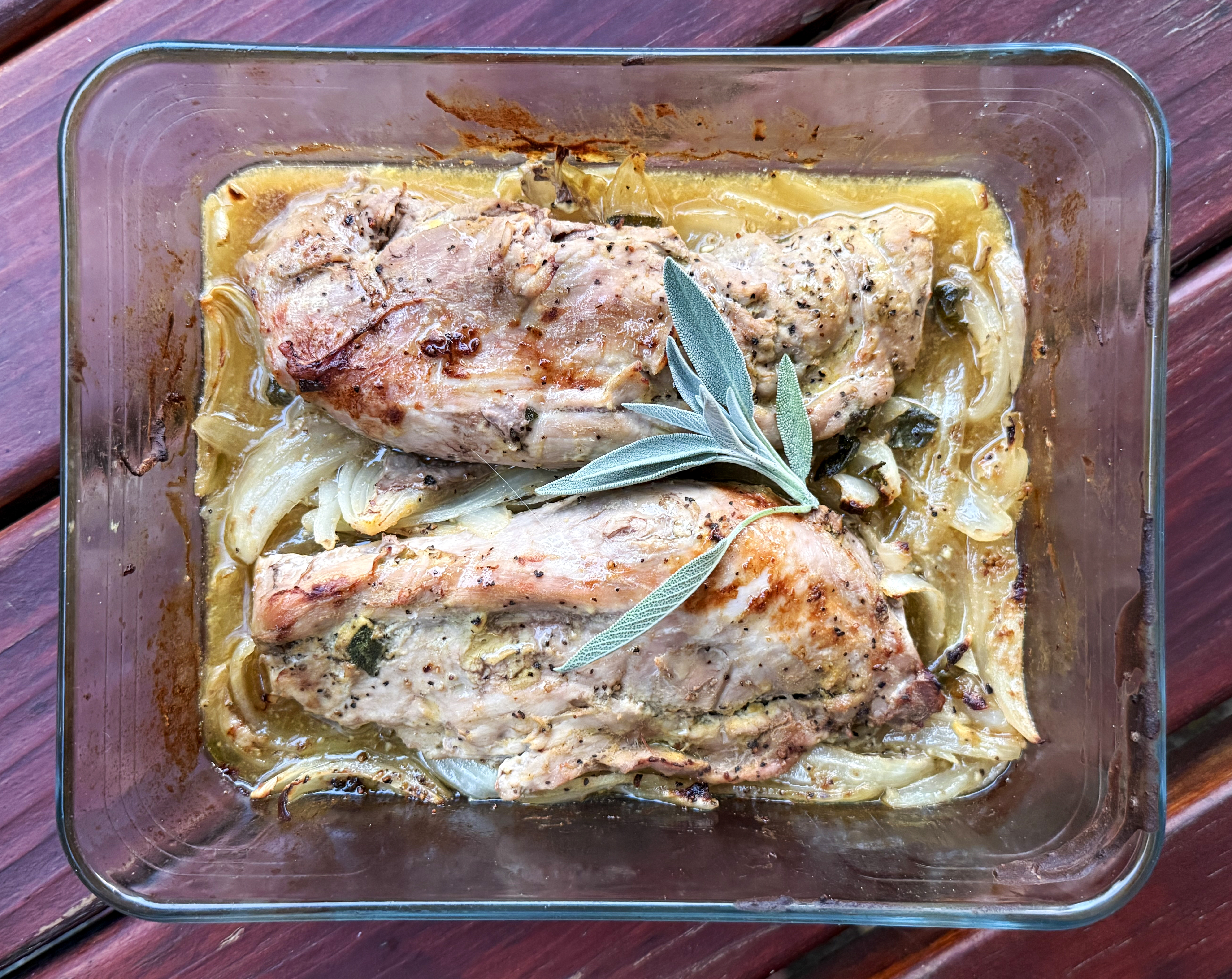 Tony Jackman’s pork fillets on a bed of sage and onion. (Photo: Tony Jackman)