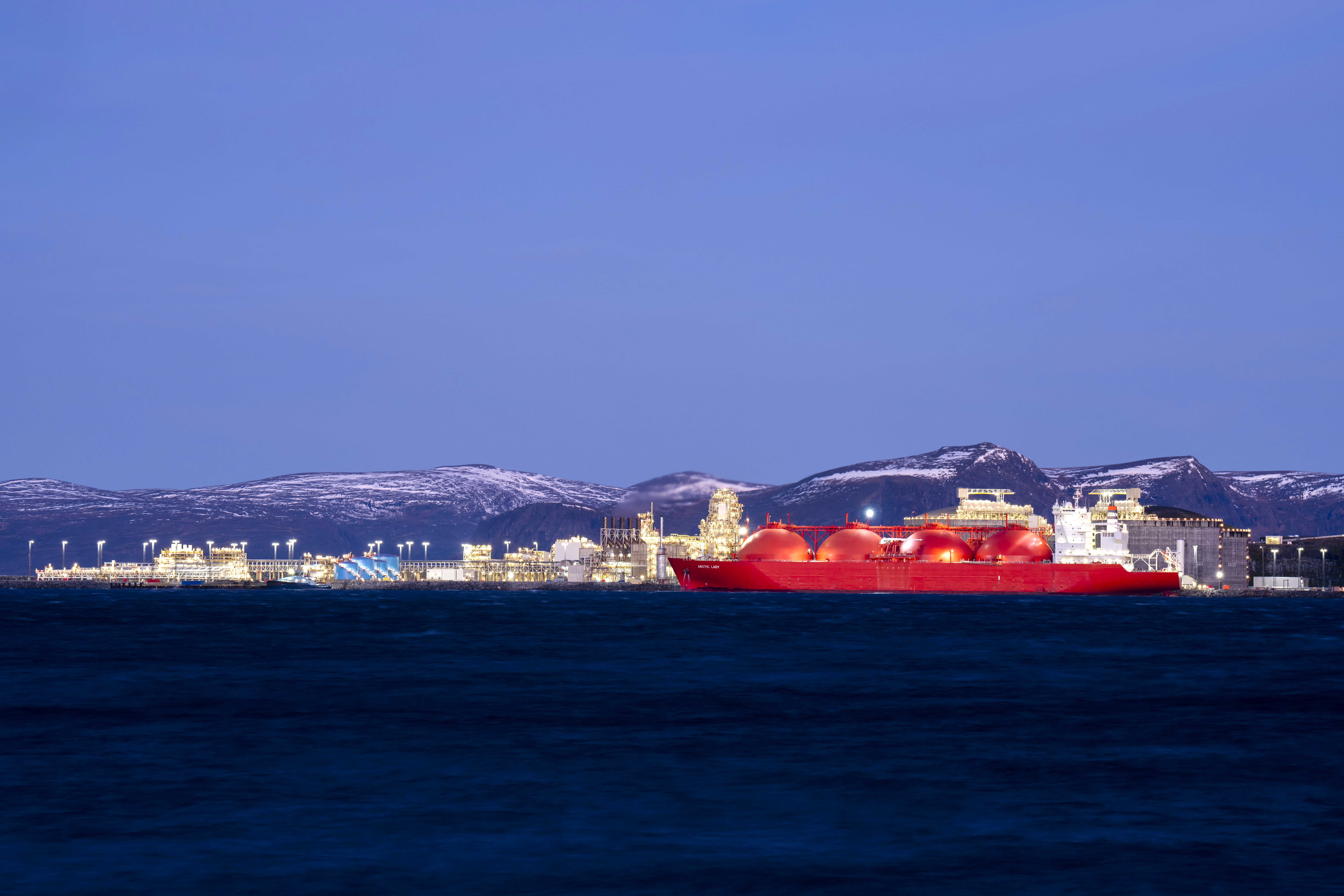 General view of the Equinor facility on Melkoya Island for receiving and processing natural gas from the Snohvit field in the Barents Sea, off the coast of Hammerfest, Norway, 02 November 2022. Gas is received via a 145 km-long pipeline and converted into chilled liquefied natural gas (LNG) for transport on purpose-built LNG ships. The facility began operations in 2007.  EPA/Fredrik Varfjell  NORWAY OUT