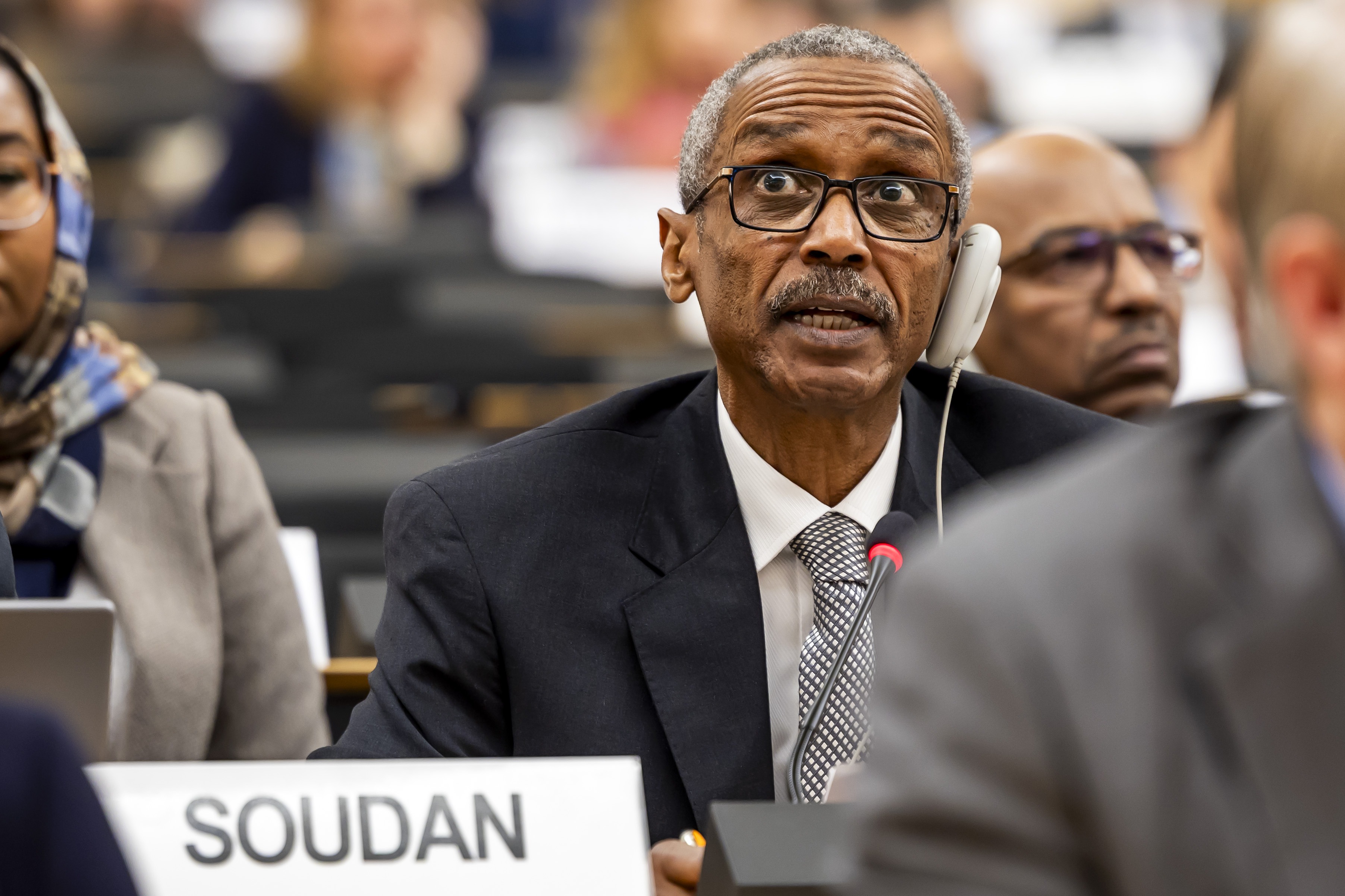 Ambassador Hassan Hamid Hassan, the Permanent Representative of Sudan to the United Nations Office in Geneva, delivers his statement during the Human Rights Council Special Session on the Human Rights Situation in and around Sudan's El Fasher, at the European headquarters of the United Nations in Geneva, Switzerland, 14 November 2025. The special session, requested by Britain, Germany, Ireland, the Netherlands and Norway, will discuss the situation in and around El Fasher, North Darfur, which fell to the Rapid Support Forces (RSF) on 23 October after an 18-month siege, sparking reports that crimes under international law are being committed.  EPA/SALVATORE DI NOLFI
