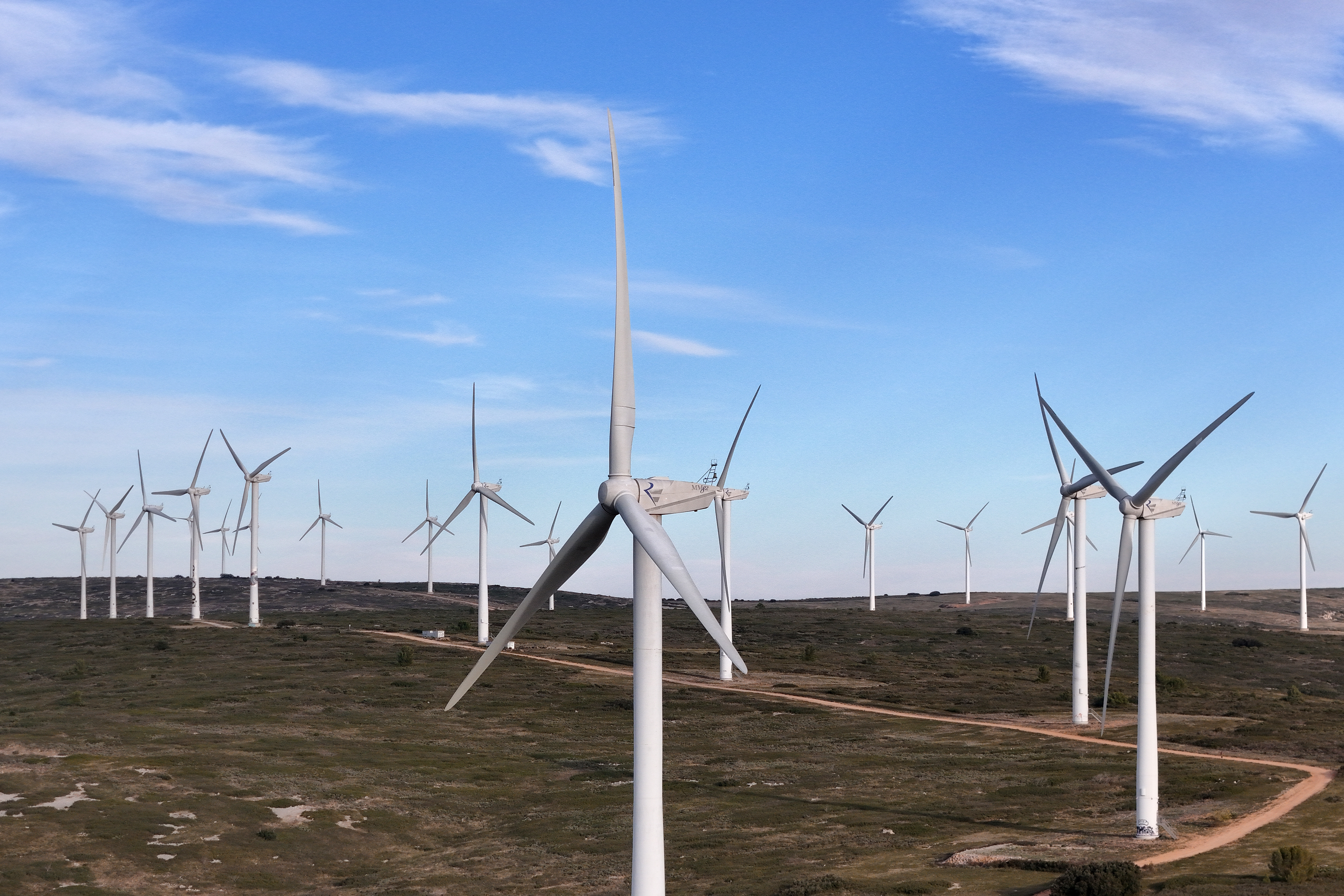 Wind turbines at a farm in Villeveyrac, near Montpellier, southern France, 19 November 2025. France has set a target for its wind power capacity of at least 45 Gigawatt (GW) by 2050, which would represent more than 20 percent of the country's electricity consumption, according to the French Ministry of Economics, Finance and Industrial and Digital Sovereignty.  EPA/GUILLAUME HORCAJUELO