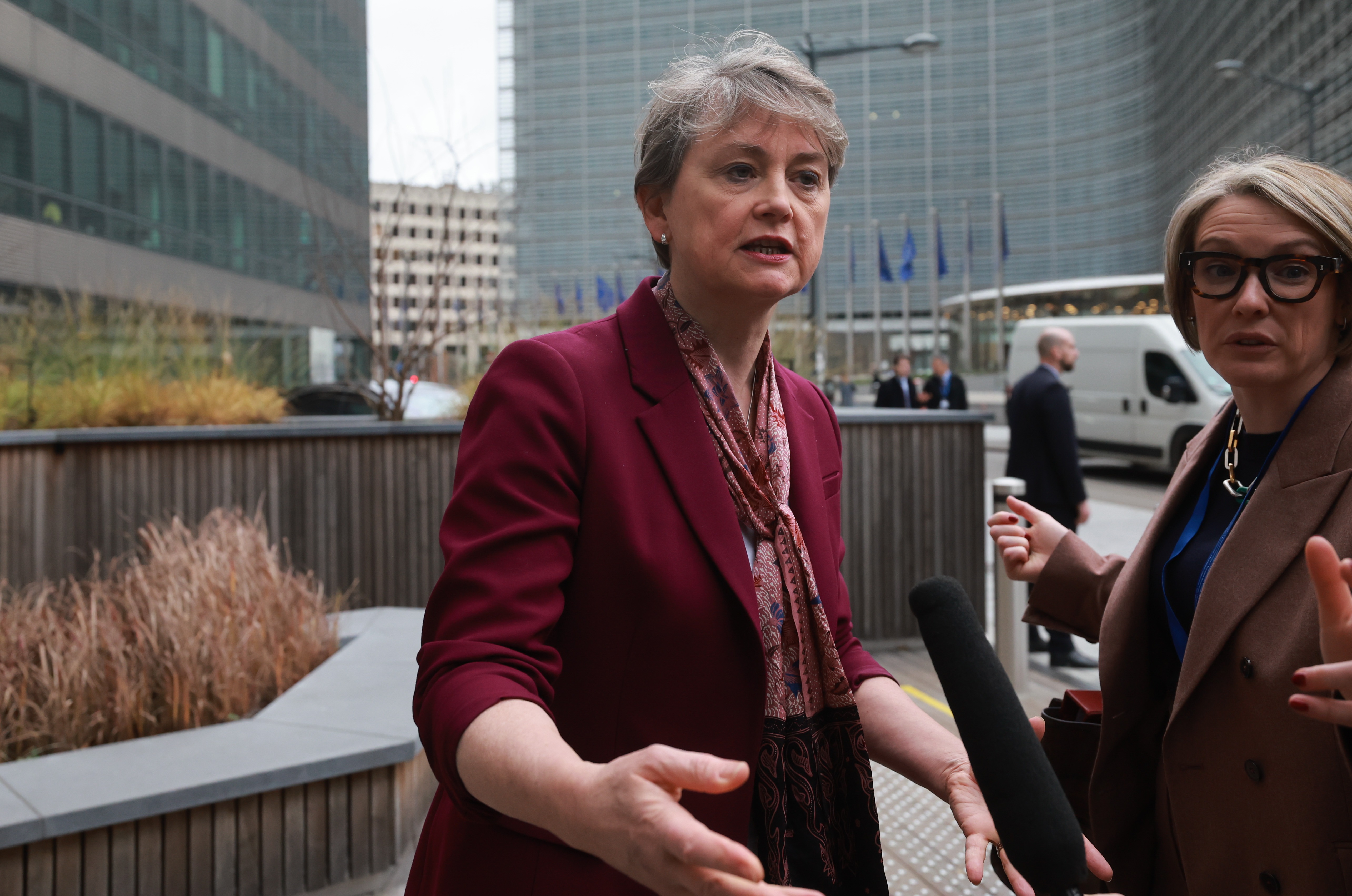 British Foreign Secretary Yvette Cooper speaks to the media as she attends the Conference on the Global Alliance to Counter Migrant Smuggling  in Brussels, Belgium, 10 December 2025. The 2025 International Conference of the Global Alliance to Counter Migrant Smuggling brought together EU-institutions, member states and international partners in Brussels to endorse a joint declaration reaffirming a shared commitment to combat migrant smuggling globally,  through prevention and awareness-raising, stronger law-enforcement and judicial cooperation, disruption of criminal networks (including those exploiting online platforms and digital tools), and by expanding safe, legal migration routes and reintegration or return programmes.  EPA/OLIVIER HOSLET