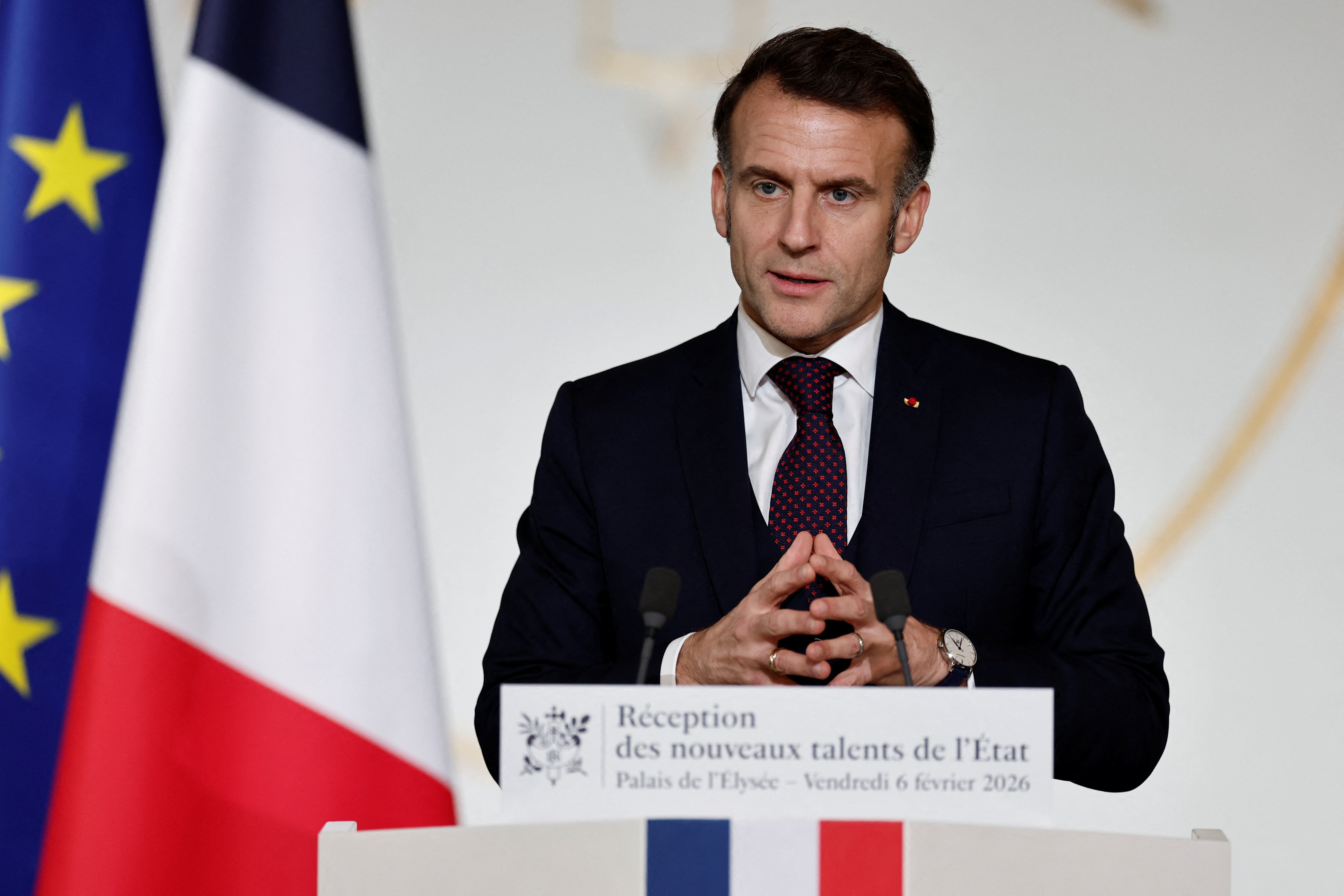 French President Emmanuel Macron delivers a speech during a meeting with students from the 'Prepas Talents du service public' as part of a program that aims to give every young person an opportunity to join the civil service, at the Elysee Palace in Paris, France, 06 February 2026.  EPA/BENOIT TESSIER / POOL  MAXPPP OUT