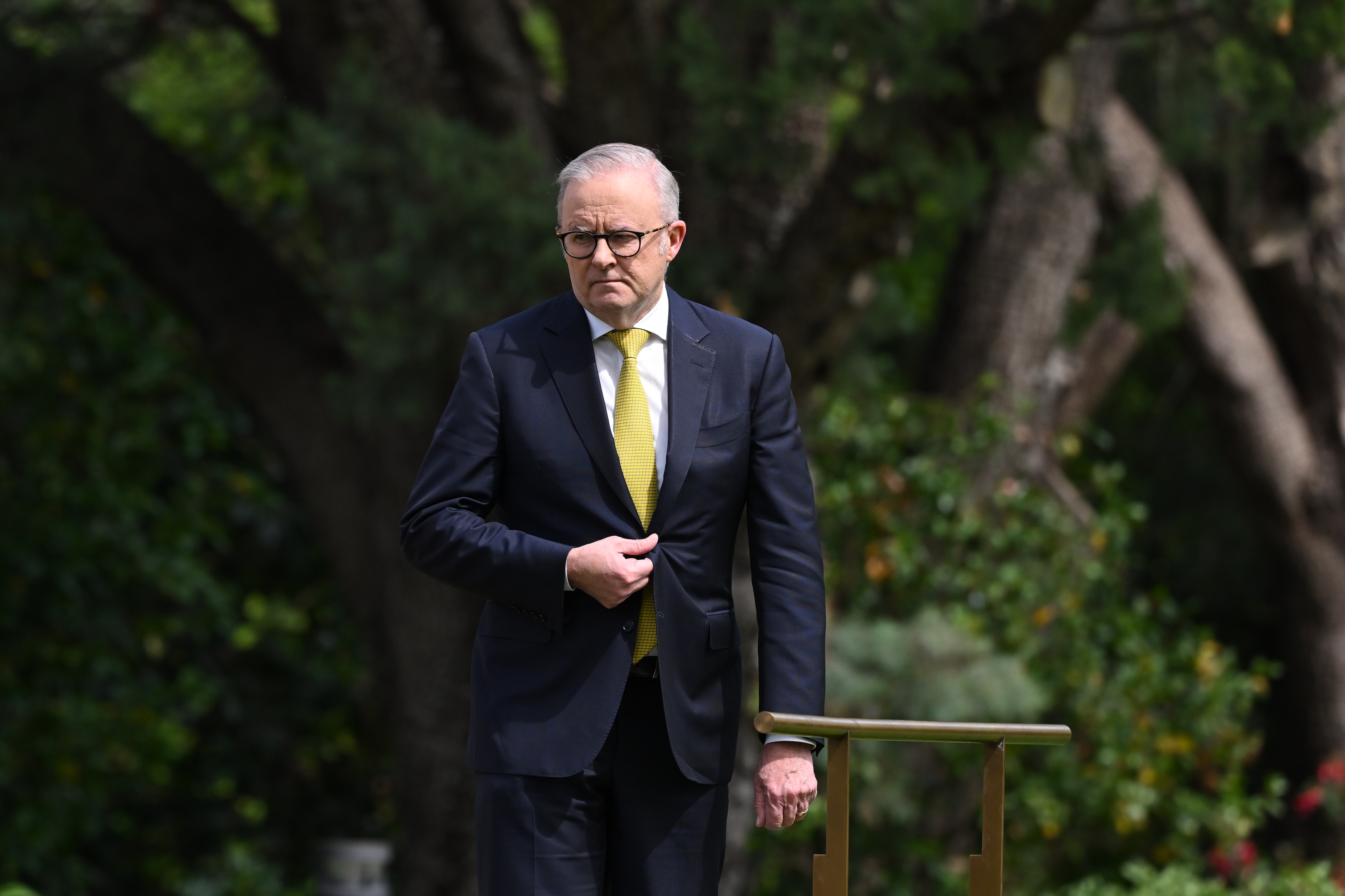 Australian Prime Minister Anthony Albanese attends a ceremonial welcome for Israeli President Isaac Herzog at Government House in Canberra, Australia, 11 February 2026.  EPA/LUKAS COCH AUSTRALIA AND NEW ZEALAND OUT