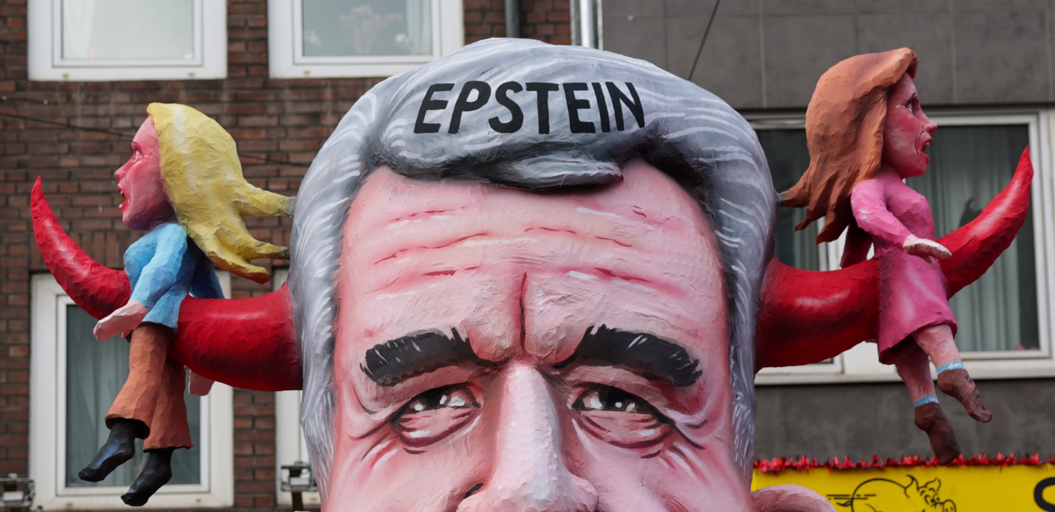 A carnival float built by float designer Jacques Tilly, titled Epstein and depicting Jeffrey Epstein, is ready for the start of the annual Rose Monday (Rosenmontag) Carnival parade in D?sseldorf, Germany, 16 February 2026.The Rose Monday parade, rolling along a 5km route through the city center, transforms the city into a vibrant sea of color and celebration under the motto: 'We stay colorful - no matter what!'.  EPA/Christopher Neundorf