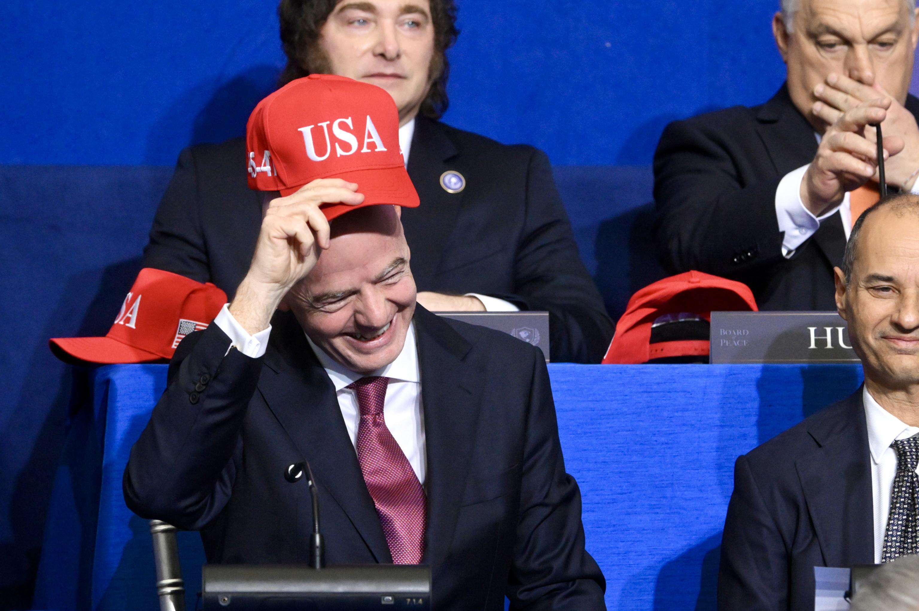Gianni Infantino (L- front) president of FIFA attends the Board of Peace meeting at the Donald J. Trump U.S. Institute of Peace in Washington, USA, 19 February 2026. Established by Donald Trump and led by the government of the United States, the Board of Peace (BoP) is a body tasked with overseeing the processes of the Gaza peace plan.  EPA/ALESSANDRO DI MEO