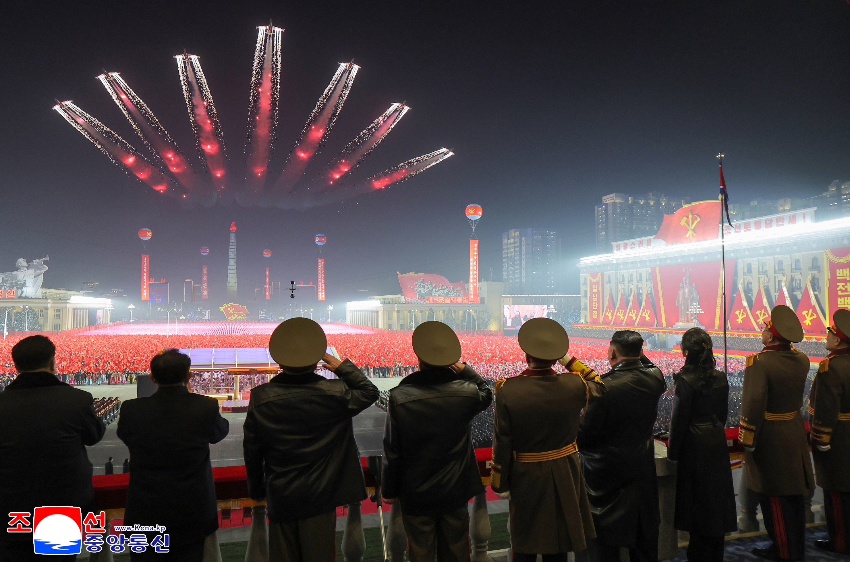 A photo released by the official North Korean Central News Agency (KCNA) shows North Korean leader Kim Jong Un (4-R) and his daughter Kim Ju Ae (3-R) watching a flight display during a military parade to celebrate the ninth congress of the ruling Workers' Party at Kim Il Sung Square in Pyongyang, North Korea, 25 February 2026 (issued 26 February 2026). The event marked the conclusion of the week-long Ninth Congress of the Workers' Party of Korea (WPK) in Pyongyang.  EPA/KCNA  EDITORIAL USE ONLY