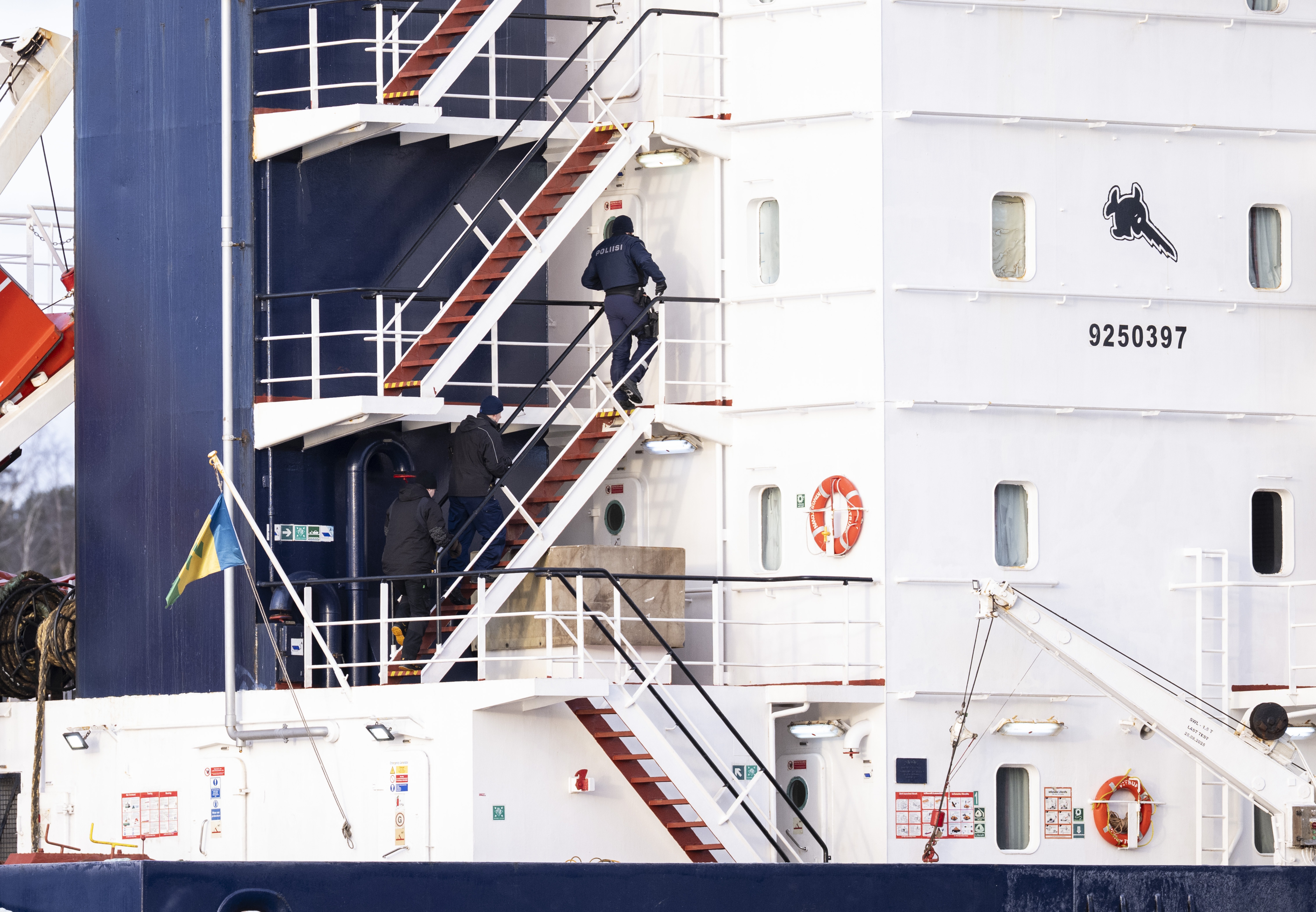 The cargo vessel Fitburg was seized and escorted to a small harbour in Kantvik, Kirkkonummi, Finland, 01 January 2026. The Fitsburg was suspected of being responsible for the damage of an underwater telecommunications cable between Helsinki and Tallinn, Estonia. The vessel was intercepted within Finland's exclusive economic zone in the Baltic Sea.  EPA/Jussi Eskola