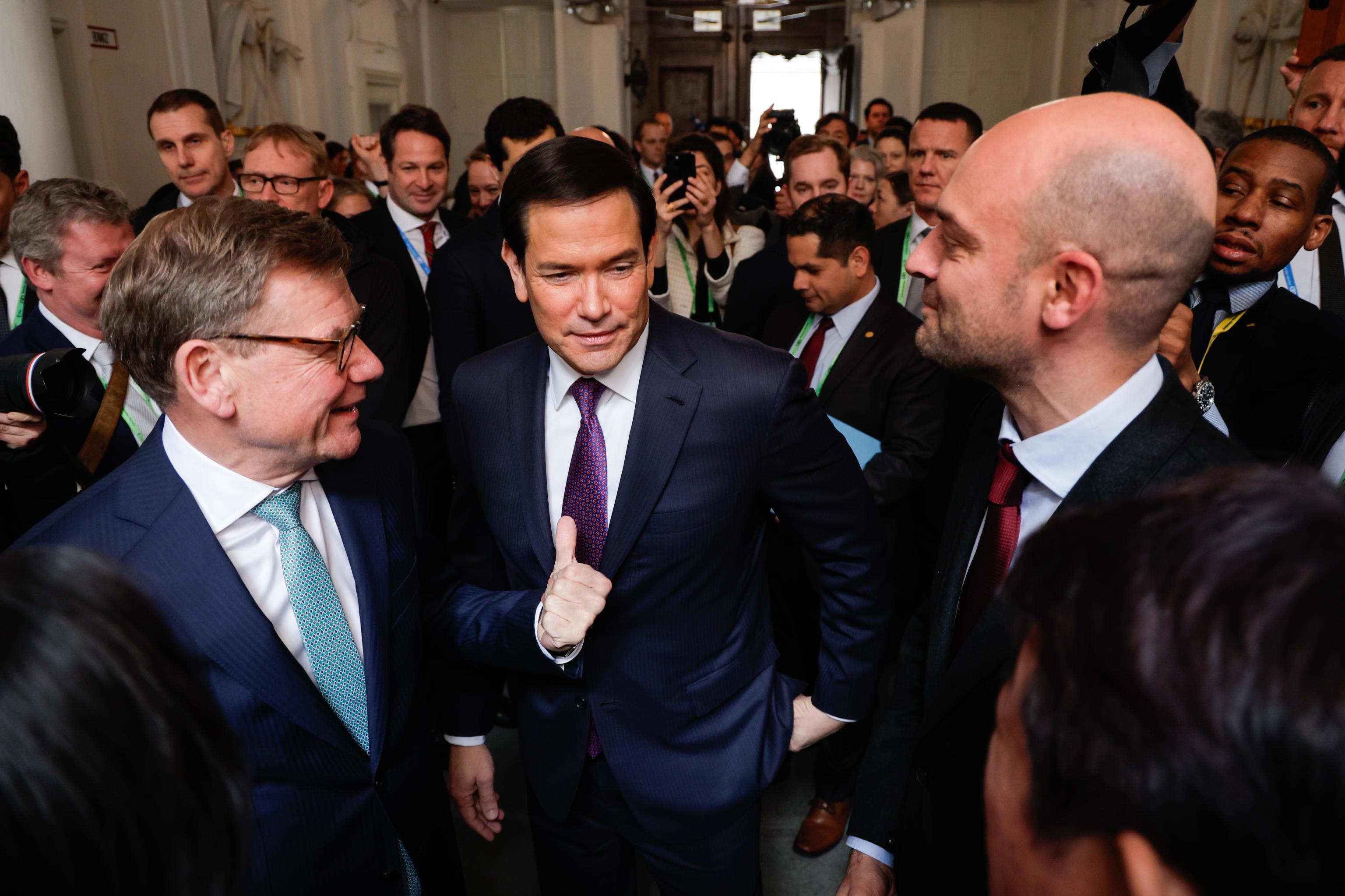 German Foreign Minister Johann Wadephul, United States Secretary of State Marco Rubio and  Minister for Europe and Foreign Affairs of France Jean-Noel Barrot attend the G7 Foreign Ministers' Meeting during the 62nd Munich Security Conference (MSC) at the hotel 'Bayerischer Hof', in Munich, Germany, 14 February 2026. The 62nd Munich Security Conference, running from 13 to 15 February 2026, is expected to host around 50 world leaders.  EPA/GIUSEPPE LAMI