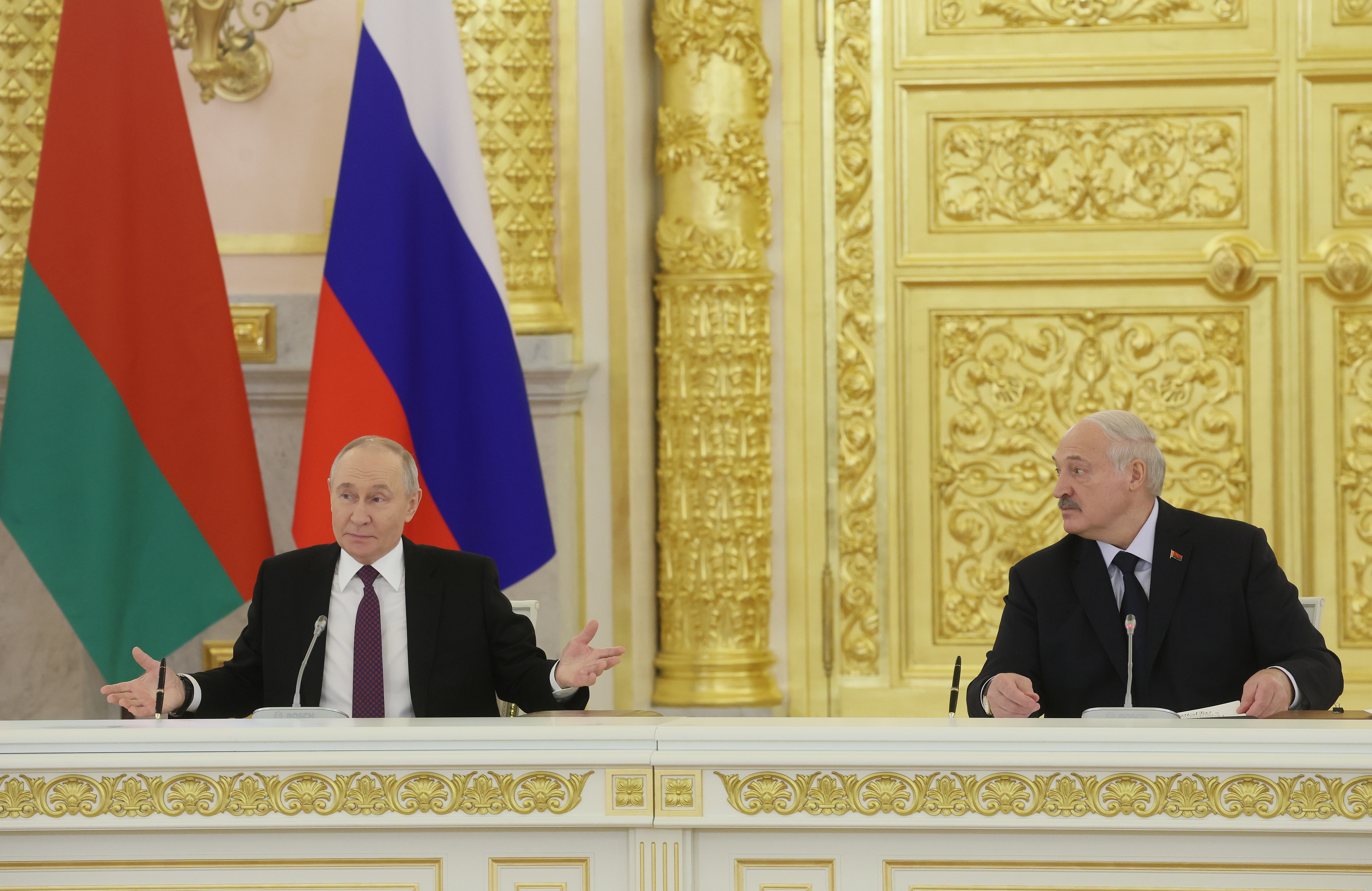 Russian President Vladimir Putin (L) and Belarusian President Alexander Lukashenko (R) attend the signing ceremony of documents following a meeting of the Supreme State Council of the Union State of Russia and Belarus, in Moscow, Russia, 26 February 2026.  EPA/MAXIM SHIPENKOV / POOL