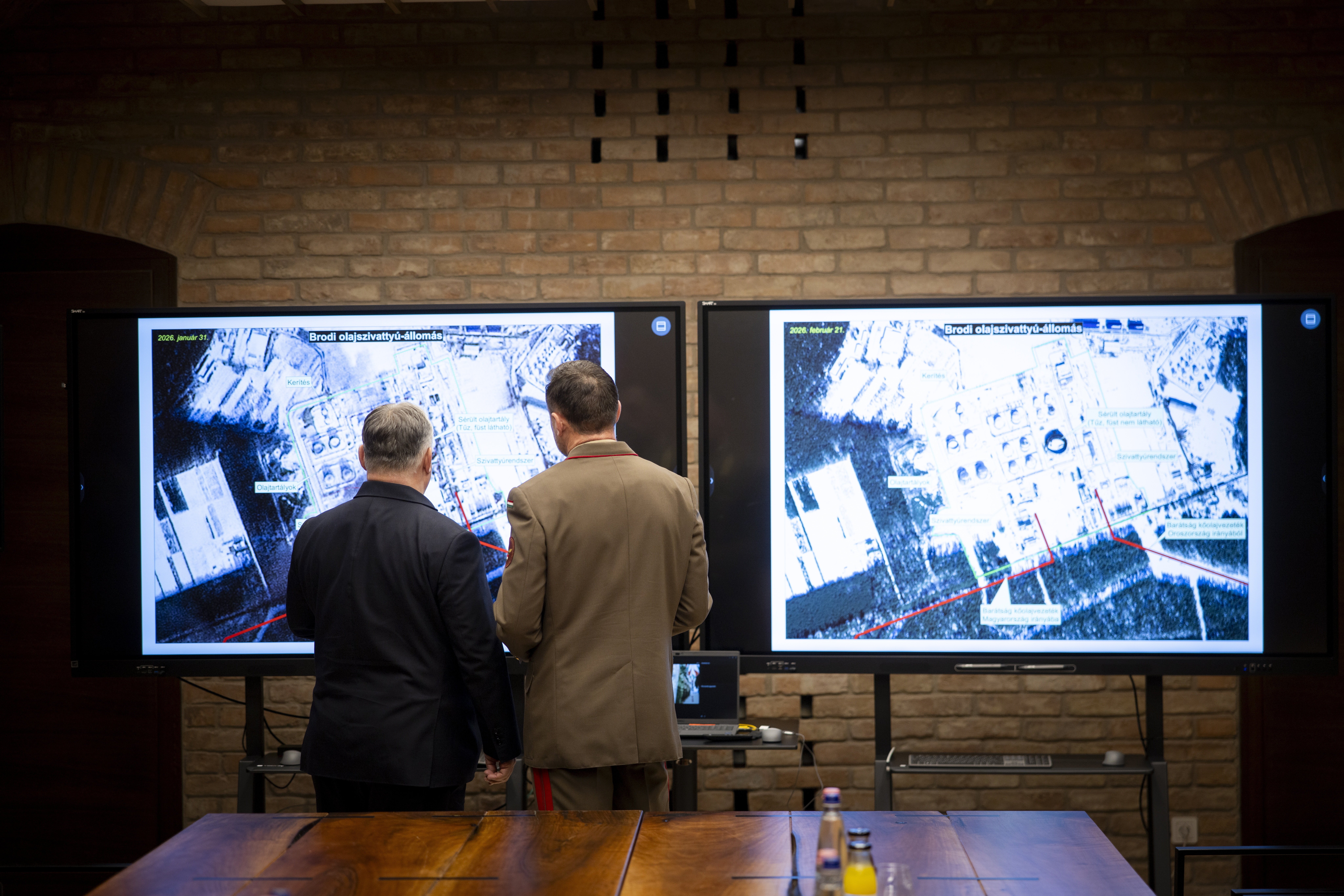 A handout photo made available by the Hungarian Prime Minister's General Department of Communication shows Hungarian Prime Minister Viktor Orban (L) look at satellite images showing the part of the Druzhba oil pipeline relevant for Hungary during a domestic security council meeting held to review Hungary?s energy supply situation in Budapest, Hungary, 02 March 2026.  EPA/Hungarian PM's General Department of Communication/Zoltan Fische HUNGARY OUTHANDOUT EDITORIAL USE ONLY/NO SALES