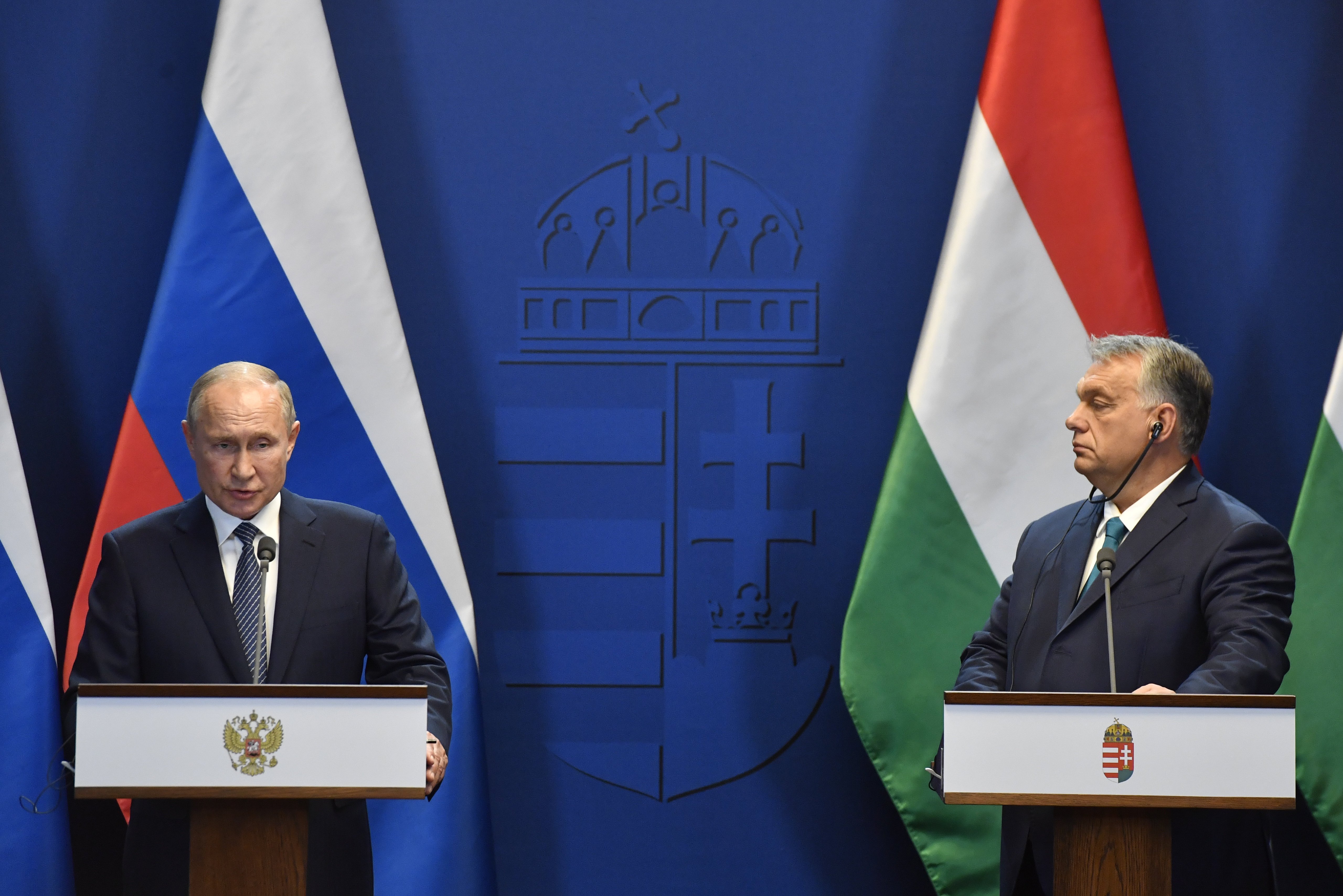 Hungarian Prime Minister Viktor Orban (R) and Russian President Vladimir Putin hold a joint press conference following their talks at the PMs office in the Castle of Buda in Budapest, Hungary, 30 October 2019 (reissued 11 March 2026). Hungarian parliamentary elections are scheduled for 12 April 2026, pitting Prime Minister Viktor Orb?n's Fidesz party against his opponent P?ter Magyar's Tisza party. Fidesz has dominated Hungarian politics since 2010, securing supermajorities in 2014, 2018, and 2022 thanks to nationalist policies, control of the media, and tensions with the EU. P?ter Magyar, a former Fidesz member, currently leads among committed voters, boosted by anti-corruption appeals and economic demands.  EPA/ZOLTAN MATHE HUNGARY OUTHUNGARY OUT *** Local Caption *** 55589455