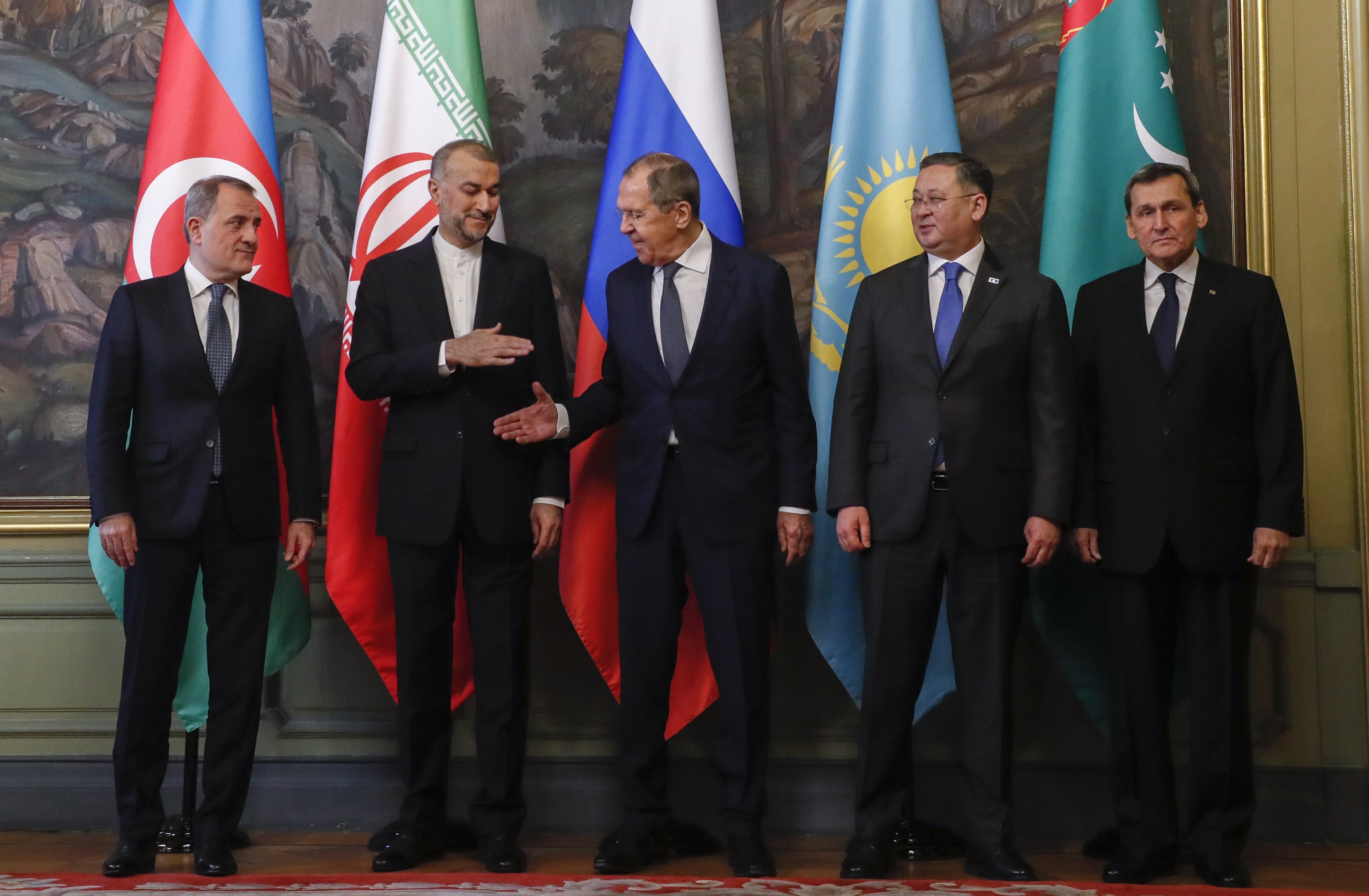 (L-R) Azerbaijan's Foreign Minister Jeyhun Bayramov, Iran's Foreign Minister Hossein Amir-Abdollahian, Russian Foreign Minister Sergey Lavrov, Kazakhstan's Foreign Minister Murat Nurtleu and Turkmenistan's Deputy Prime Minister and Foreign Minister Rashid Meredov, pose for a family photo during the annual meeting of the Caspian Sea littoral states, known as the 'Caspian Five' in Moscow, Russia, 05 December 2023. The 'Caspian Five' includes the Caspian Sea coastal countries Turkmenistan, Kazakhstan, Iran, Russia and Azerbaijan, which set as their goals mutual economic integration, ensuring security and preservation of the regional marine ecosystem.  EPA/YURI KOCHETKOV