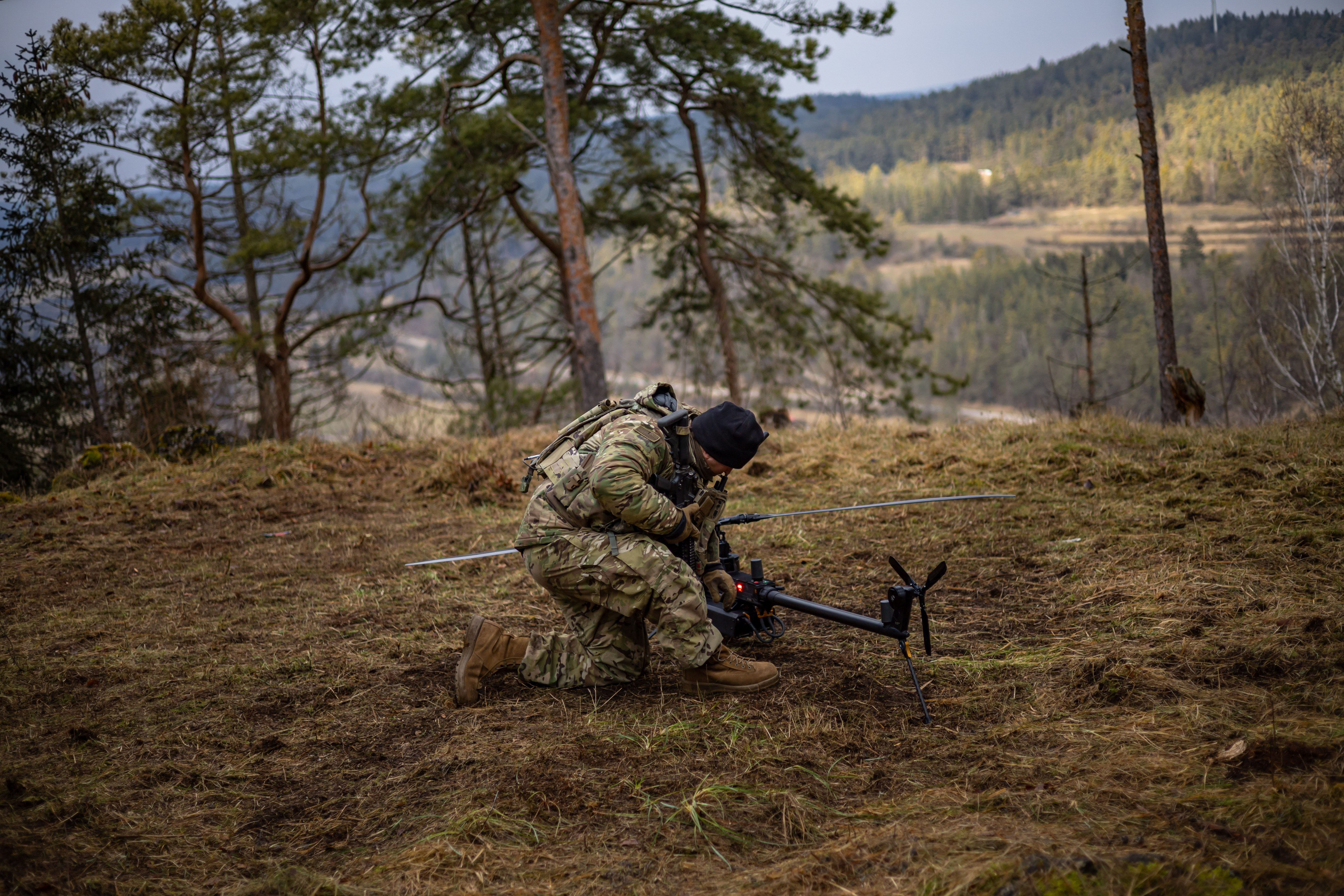 A US army soldier handles a Ghost-X drone during the Combined Resolve 25-1 military exercise in Hohenfels, Germany, 03 February 2025.  The Combined Resolve 25-1, a US Army exercise with NATO Allies and partners, is held from from 17 January to 16 February 2025 at the US Army's Hohenfels training area. Approximately 4,000 participants are involved in the exercise, with Poland's 11th Armoured Cavalry Division operating as the High Command. Exercise is a recurring exercise designed by the U.S. Army Europe - Africa to prepare a multinational brigade for support of NATO deterrence initiatives and overall readiness of Allies and partners in a dynamic security environment. Allied and partner nations participating in Combined Resolve 25-1 are Albania, Armenia, Belgium, Georgia, Greece, Italy, Kosovo, Lithuania, Moldova, North Macedonia, Norway, Poland, Slovakia, Spain, the United States, and the United Kingdom.  EPA/MARTIN DIVISEK  ATTENTION: This Image is part of a PHOTO SET