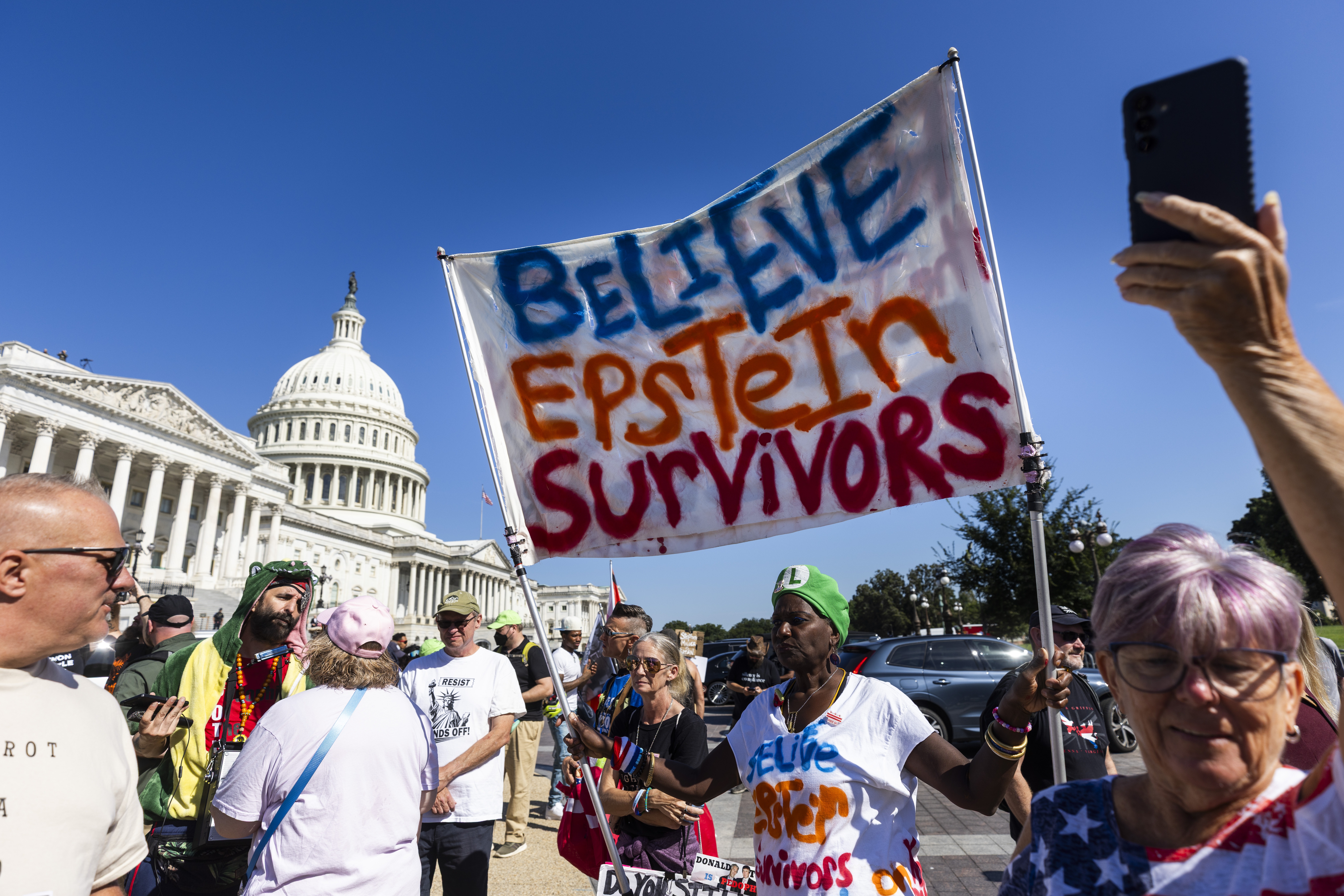 Supporters of survivors of the Jeffrey Epstein and Ghislaine Maxwell sex-trafficking scandal gather outside the US Capitol in Washington, DC, USA, 03 September 2025. On 02 September the House Oversight Committee released 33,000 pages of documents on the scandal that they received from the Department of Justice.  EPA/JIM LO SCALZO