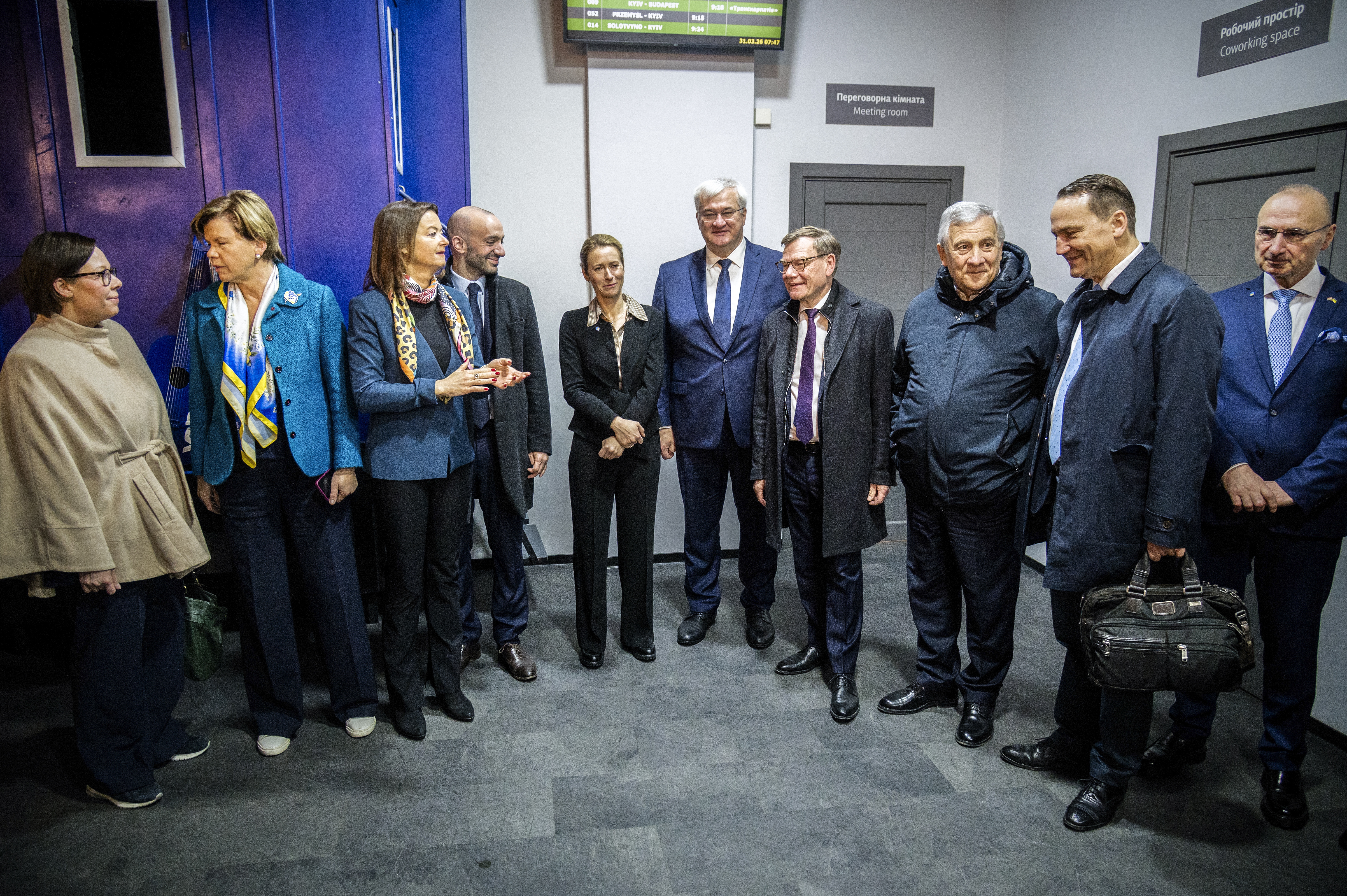 A handout photo made available by Ukrainian Foreign Ministry press service shows Ukrainian Foreign Minister Andrii Sybiha (C) meeting with EU High Representative for Foreign Affairs and Security Policy, Kaja Kallas (C-L), German Foreign Minister Johann Wadephul (C-R), Italian Deputy Prime Minister and Foreign Minister Antonio Tajani (3-R), Polish Foreign Minister Radoslaw Sikorski (2-R), Croatian Foreign Minister Gordan Grlic-Radman (R), and Latvian Foreign Minister Baiba Braze (2-L) at the railway station in Kyiv, Ukraine, 31 March 2026, amid the Russian invasion. EU foreign ministers are convening for an informal meeting in Kyiv on 31 March 2026, to commemorate the fourth anniversary of the Bucha massacre.  EPA/UKRAINE FOREIGN MINISTRY PRESS SERVICE HANDOUT  HANDOUT EDITORIAL USE ONLY/NO SALES