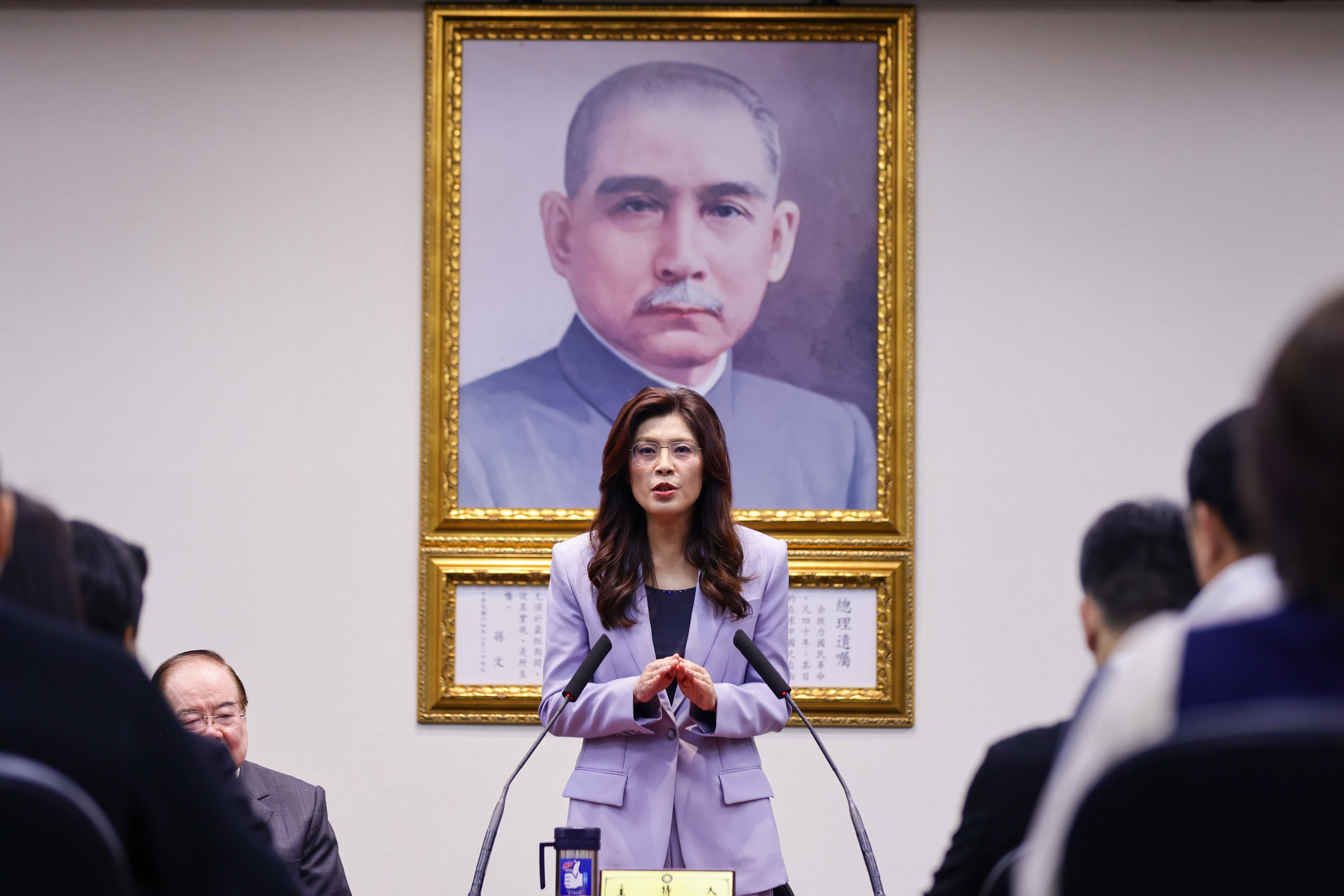 Chairwoman of Taiwan?s main opposition Kuomintang (KMT) Cheng Li-wun (C) speaks during a press conference prior to her departure for a six-day visit to mainland China, at the party headquarters in Taipei, Taiwan, 07 April 2026. Cheng stated she aims to "lay a foundation for peace" and strengthen regional stability during the trip, which includes a scheduled meeting with Chinese President Xi Jinping in Beijing.  EPA/RITCHIE B. TONGO