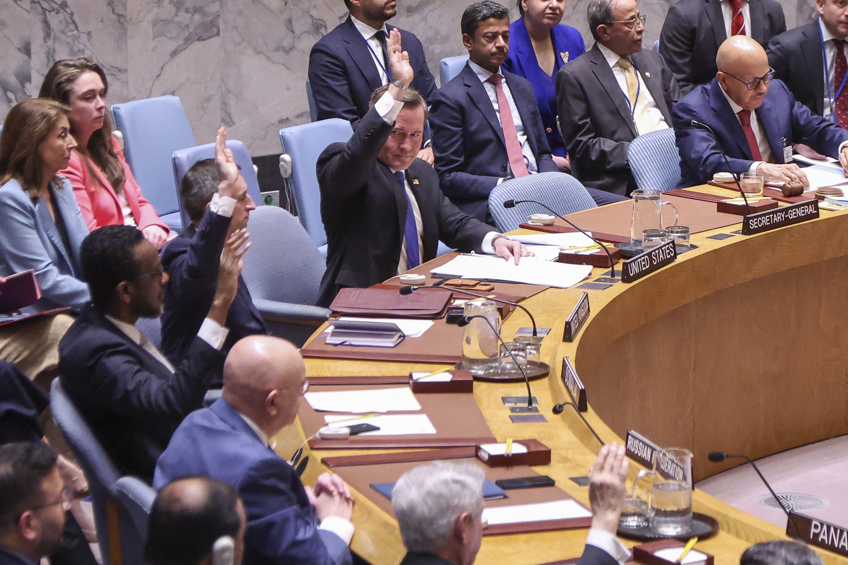 United Nations Security Council members, including United States Ambassador to the United Nations Michael Waltz (C), raise their hands to vote in favor of a resolution calling for the unblocking of the Strait of Hormuz during a United Nations Security Council meeting at United Nations Headquarters in New York, New York, USA, 07 April 2026. The council ultimately did not pass the resolution.  EPA/SARAH YENESEL