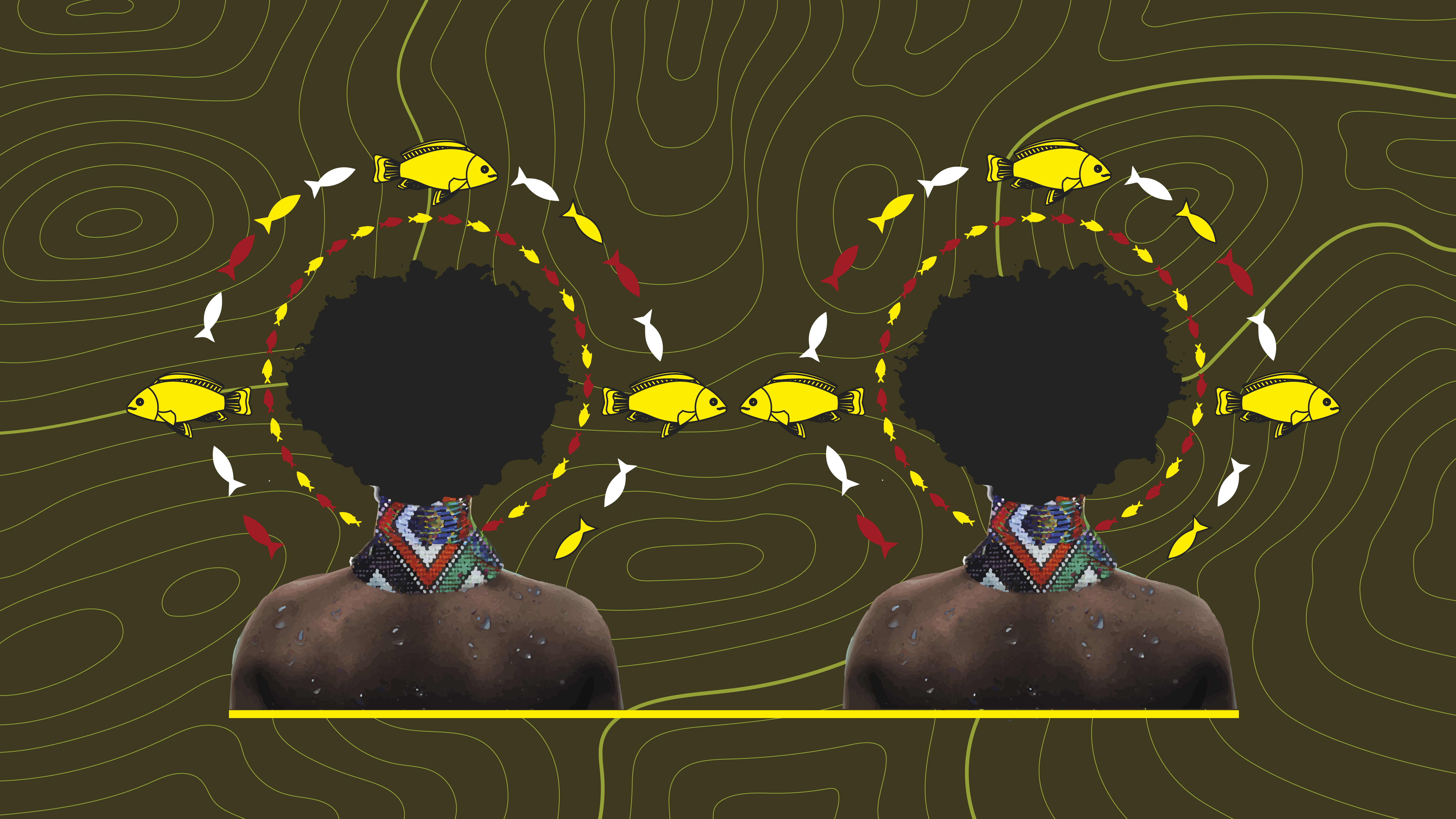 Ghanaian artist Sedinam Awo Tsegah’s digital print shows a figure surrounded by a school of fish in her reflection on family in motion, relationships constantly reconfigured as people move. (Courtesy and copyright: Sedinam Awo Tsegah)