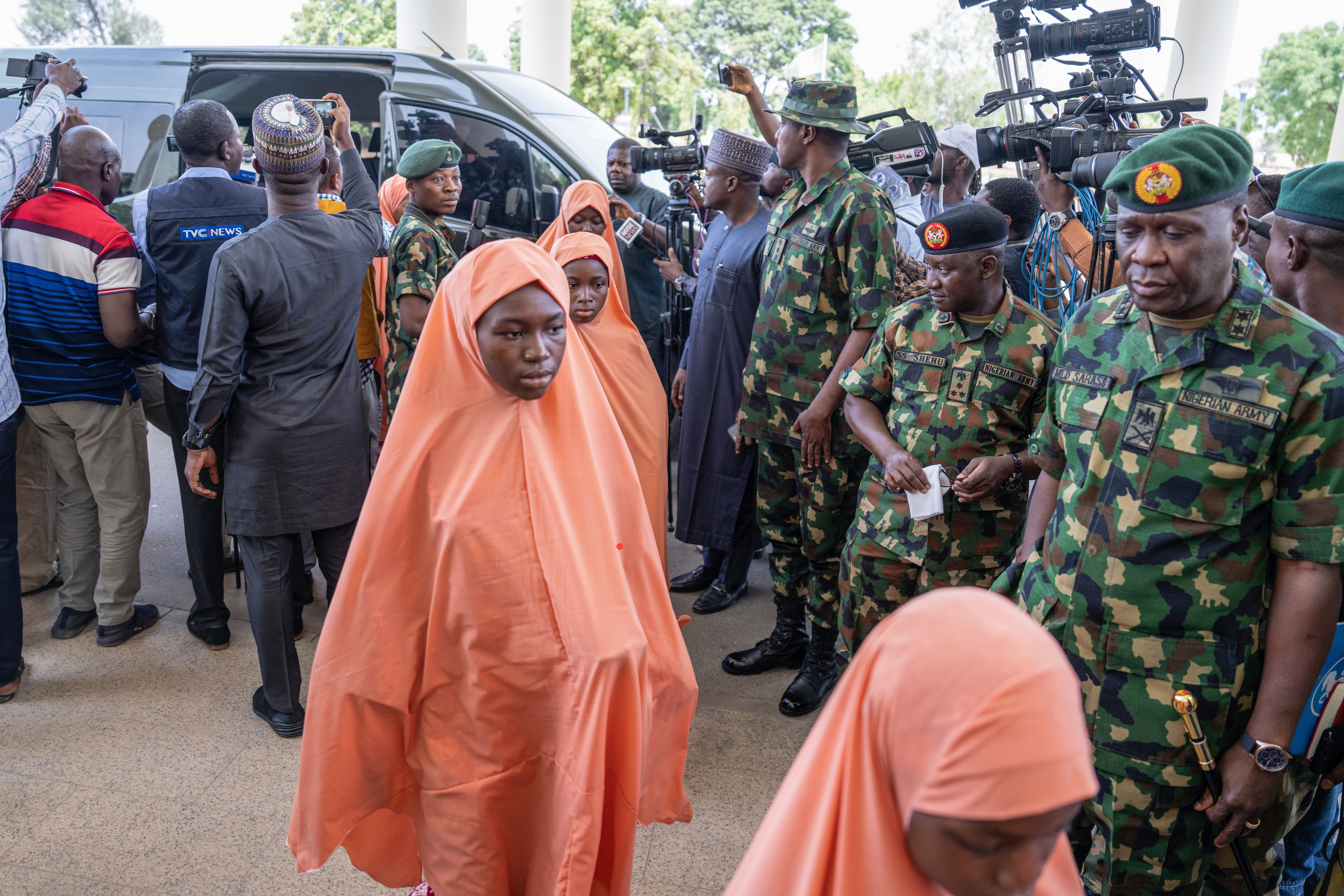 Schoolchildren rescued from kidnappers arrive at the Government House in Kaduna, Nigeria, 25 March 2024. The 137 schoolchildren abducted from Kuriga village in Chikun Local Government Area of Kaduna State on 07 March were received at the Government House in Kaduna. They were abducted from a Local Education Authority and Junior Secondary School in Kuriga. One teacher who was also abducted, died in captivity according to the military. EPA/CHRISTIAN EZEUGWU

