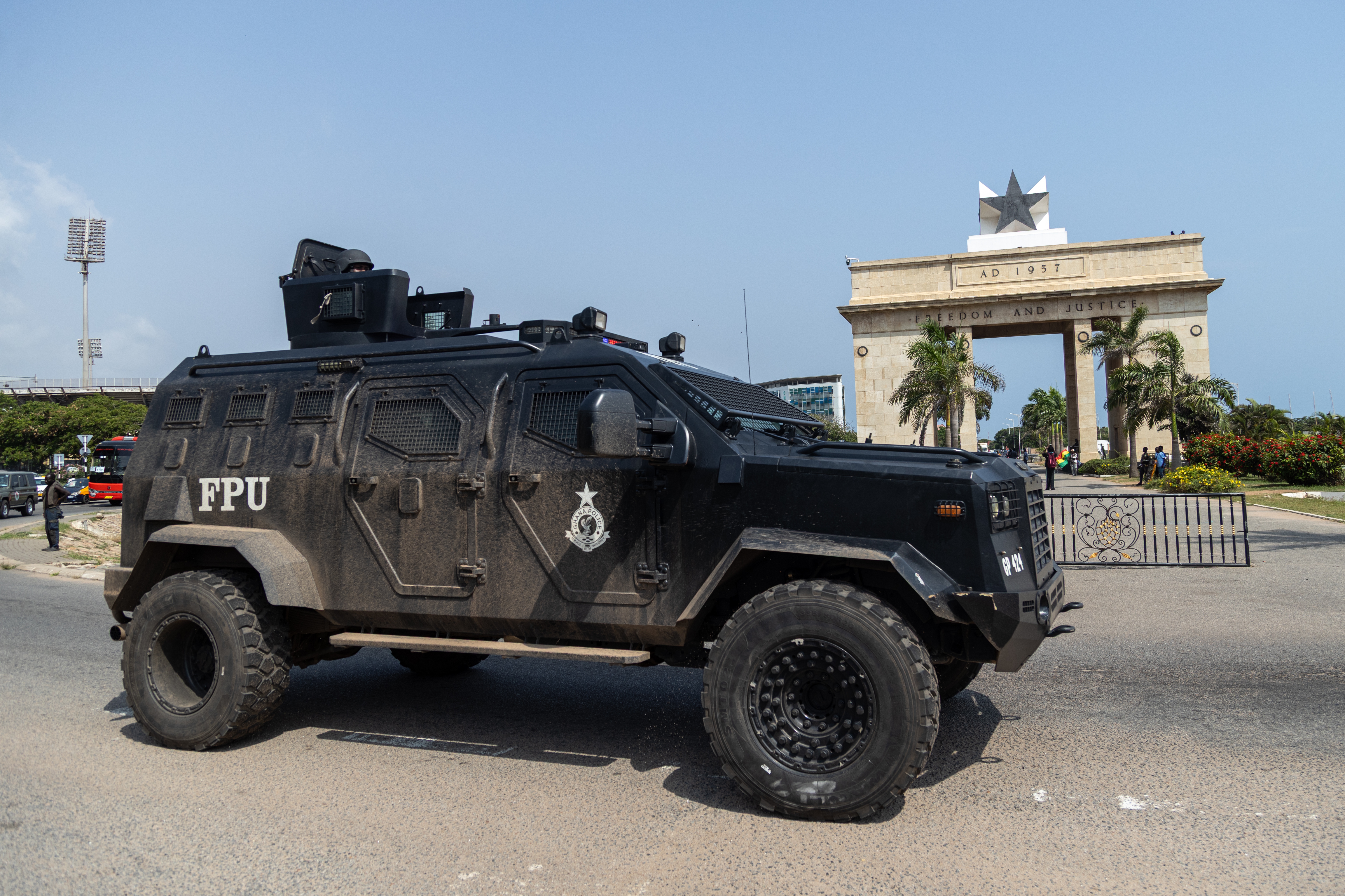 Members of Ghana security forces take part in a joint Show of Force Exercise in Accra, Ghana, 11 December 2025. The exercise featured the Ghana Police Service, Ghana Prisons Service, Ghana National Fire Service, the Customs Division of the Ghana Revenue Authority and the Immigration Service in collaboration with the Ghana Armed Forces, aimed at enhancing operational readiness and maintaining peace and stability as the festive season approaches.  EPA/FRANK KPORFOR