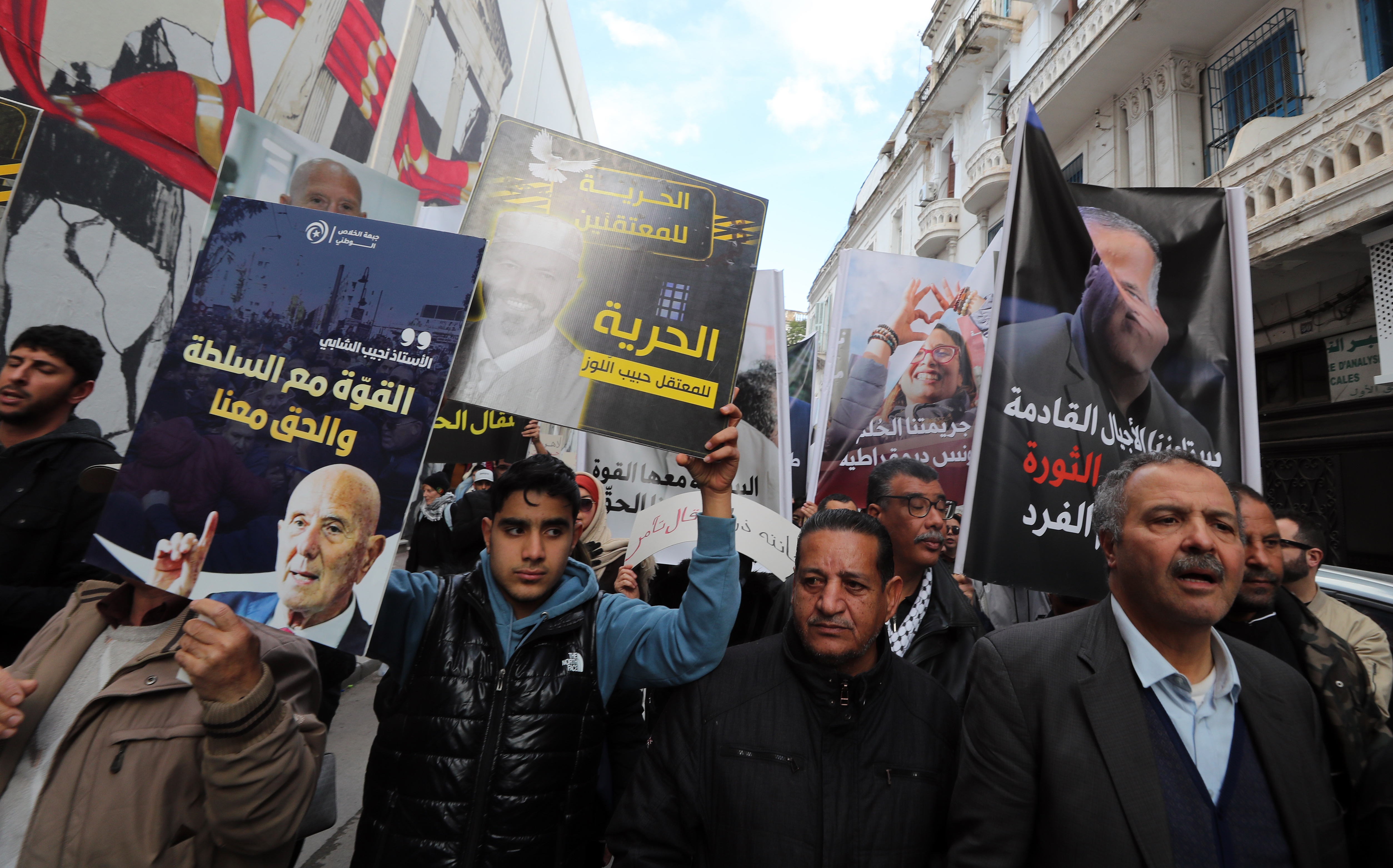 Families of Tunisian political prisoners shout slogans during a demonstration in Tunis, Tunisia, 14 February 2026. The protest, organised by civil society groups and opposition parties, called for the release of political prisoners and prisoners of conscience under President Kais Saied.  EPA/MOHAMED MESSARA