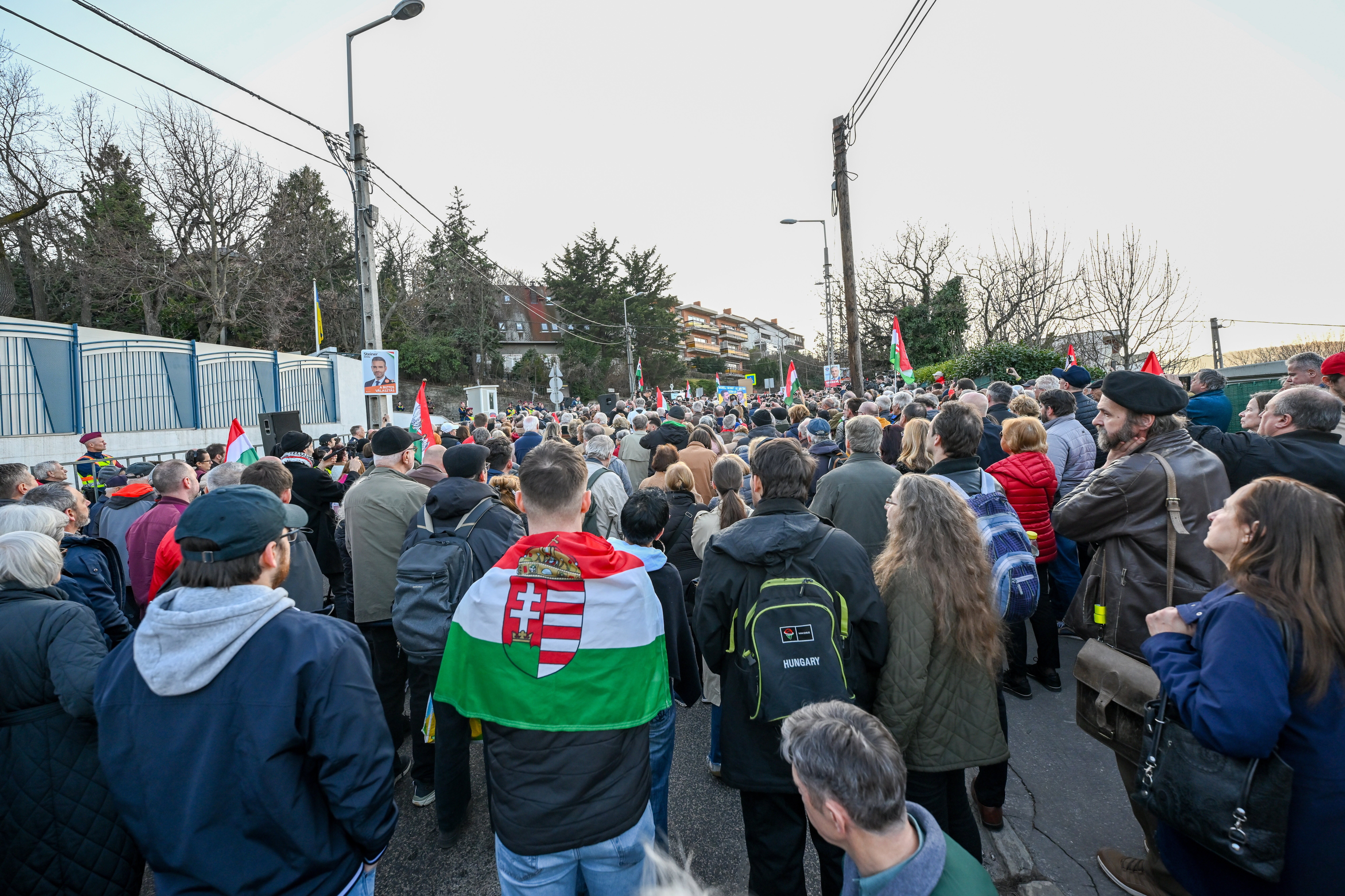 People attend a rally organized by the National Resistance Movement under the slogan ?Let's demonstrate against Ukrainian blackmail? at the Embassy of Ukraine in Budapest, Hungary, 06 March 2026. The rally is called to protest against the recent service disruption of the Druzhba oil pipeline, which transports Russian oil to Hungary via Ukraine.  EPA/Tibor Illyes HUNGARY OUT