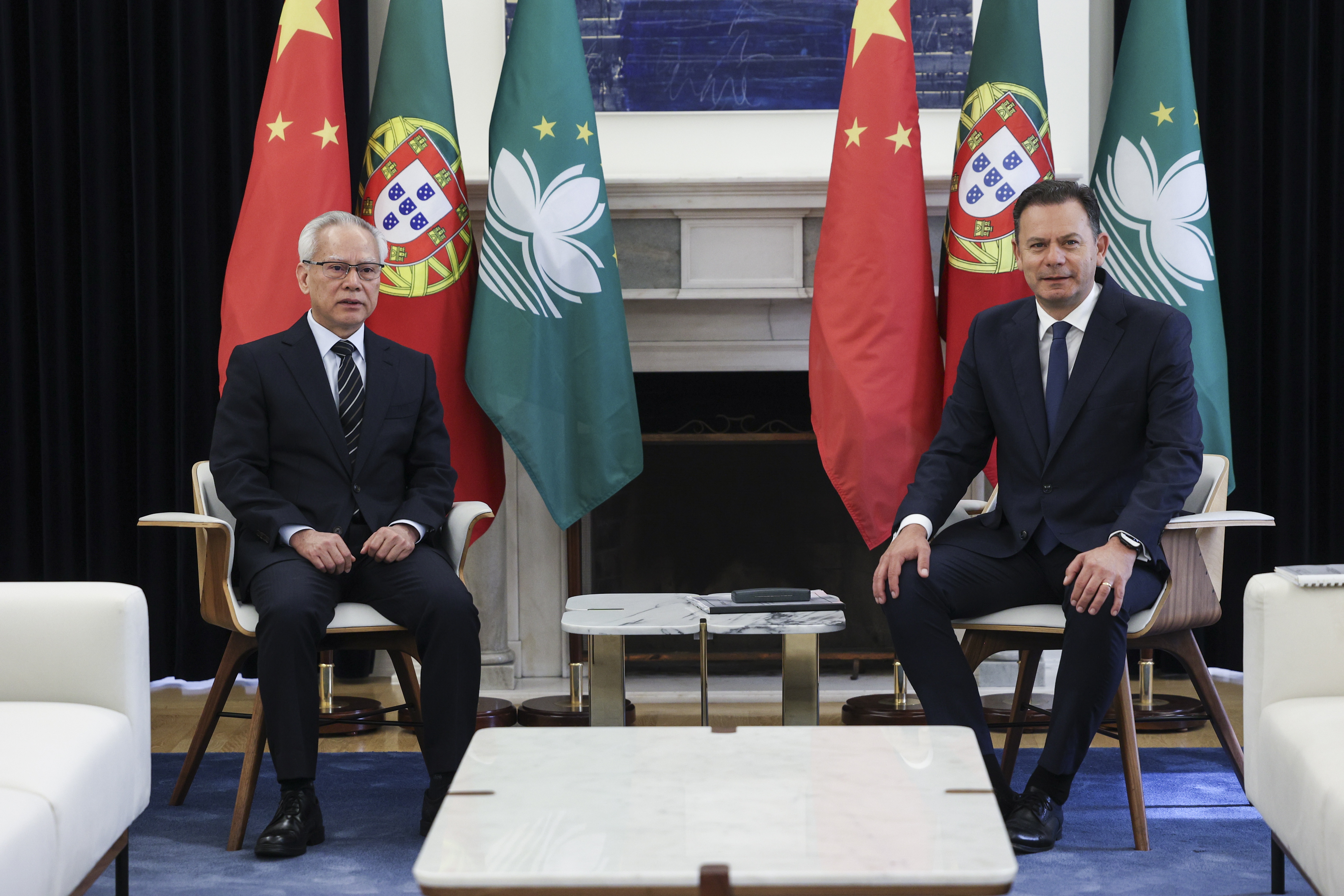 Portuguese Prime Minister Luis Montenegro (R) receives Macau Chief Executive Sam Hou Fai (L) at the PM Official Residence in Lisbon, Portugal, 21 April 2026. Sam Hou Fai is visiting Portugal and Spain on his first international trip since taking office in late 2024. He is accompanied by a delegation of about 120 representatives from the government and business sectors of Macau, Hengqin, and other parts of China to help Chinese groups to understand the local market, conduct on-site inspections, and establish contact with local authorities and companies.  EPA/MIGUEL A. LOPES