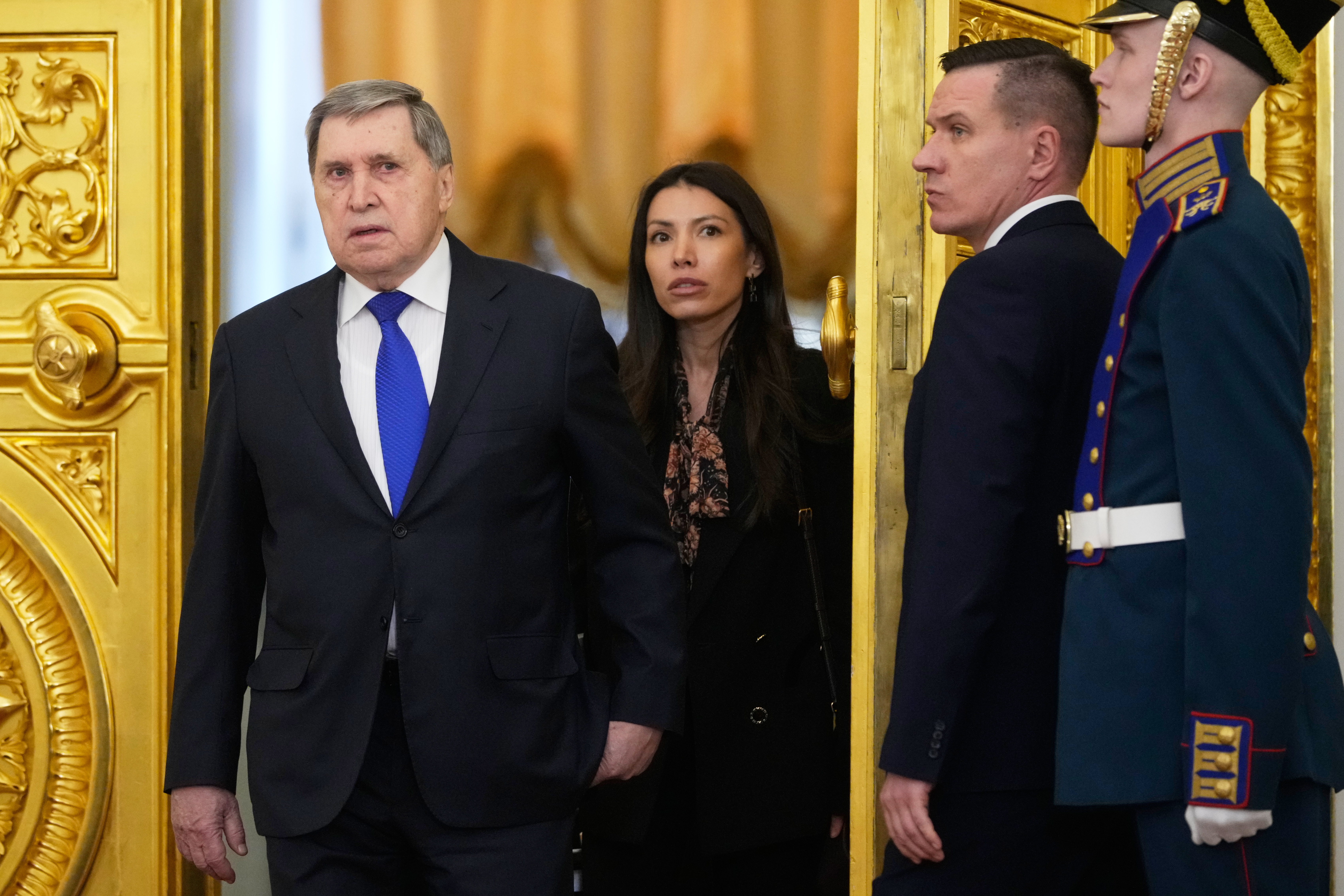 Russian Presidential foreign policy adviser Yuri Ushakov (L) attends a meeting between Russian President Vladimir Putin and Republic of the Congo President Denis Sassou N'guesso at the Grand Kremlin Palace in Moscow, Russia, 29 April 2026.  EPA/PAVEL BEDNYAKOV / POOL