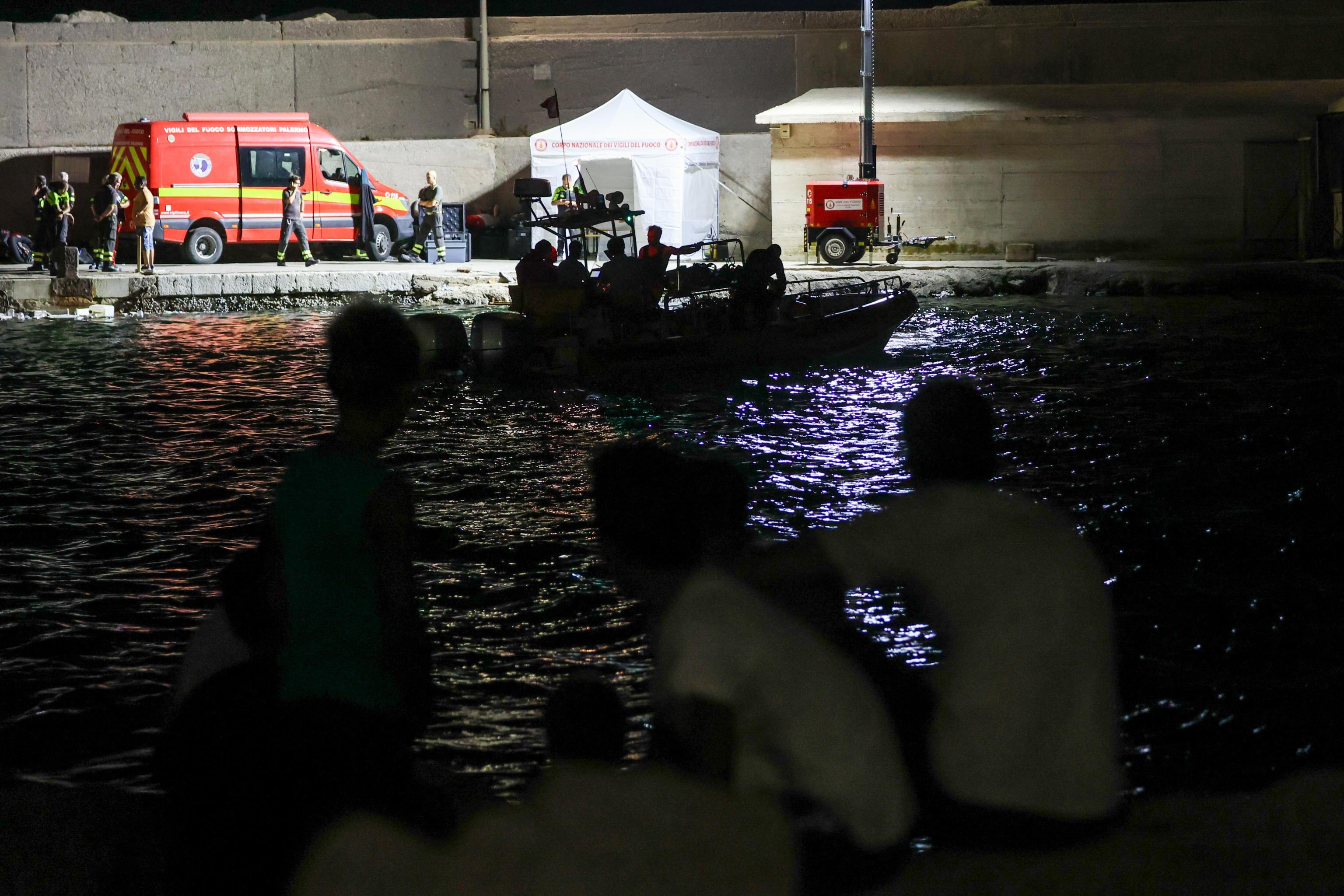 Experienced cave divers for deep sea recoveries continue the rescue operation for missing people who were on board a sailboat that sank off Porticello, near Palermo, Sicily, Italy, 19 August 2024. At least one person died, six remain missing and 15 passengers were rescued, after a 56-meter-long luxury sailboat, the Bayesian, with 22 people on board, sank at dawn on 19 August off Porticello, near Palermo, after a tornado hit the area. EPA/IGOR PETYX

