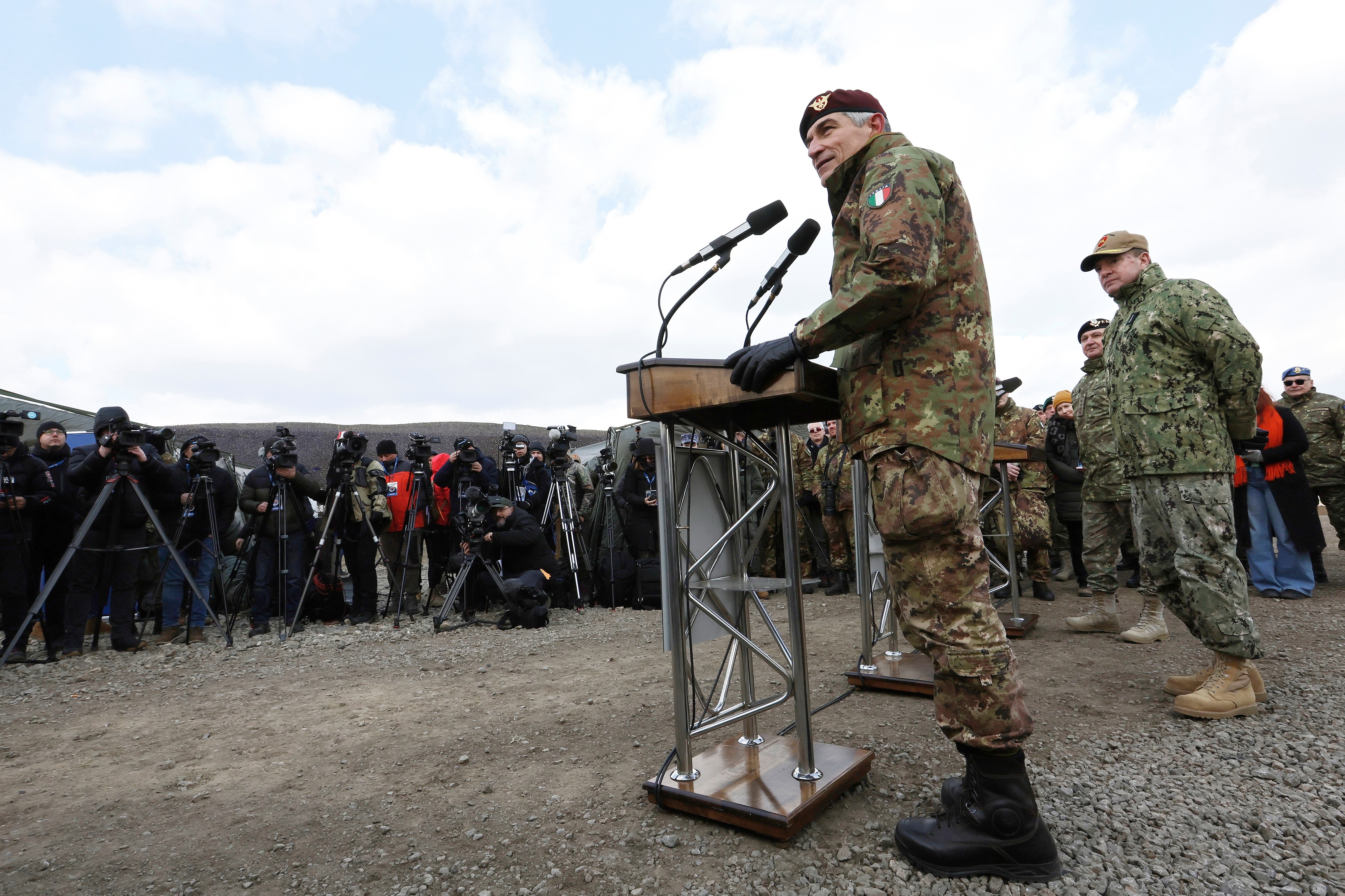 Italy's Parachute Lieutenant General Lorenzo D'Addari (C), Commander of the Allied Reaction Force (ARF), delivers a speech after the NATO Exercise Steadfast Dart 25 at the Romanian camp in Smardan, near Galati, Romania, 19 February 2025. NATO's largest exercise of 2025 is taking place across Bulgaria, Romania and Greece from 10 to 21 February 2025, deploying approximately 10,000 military personnel from special operations forces, land forces, air forces and naval forces of 9 Allied countries. EPA/ROBERT GHEMENT

