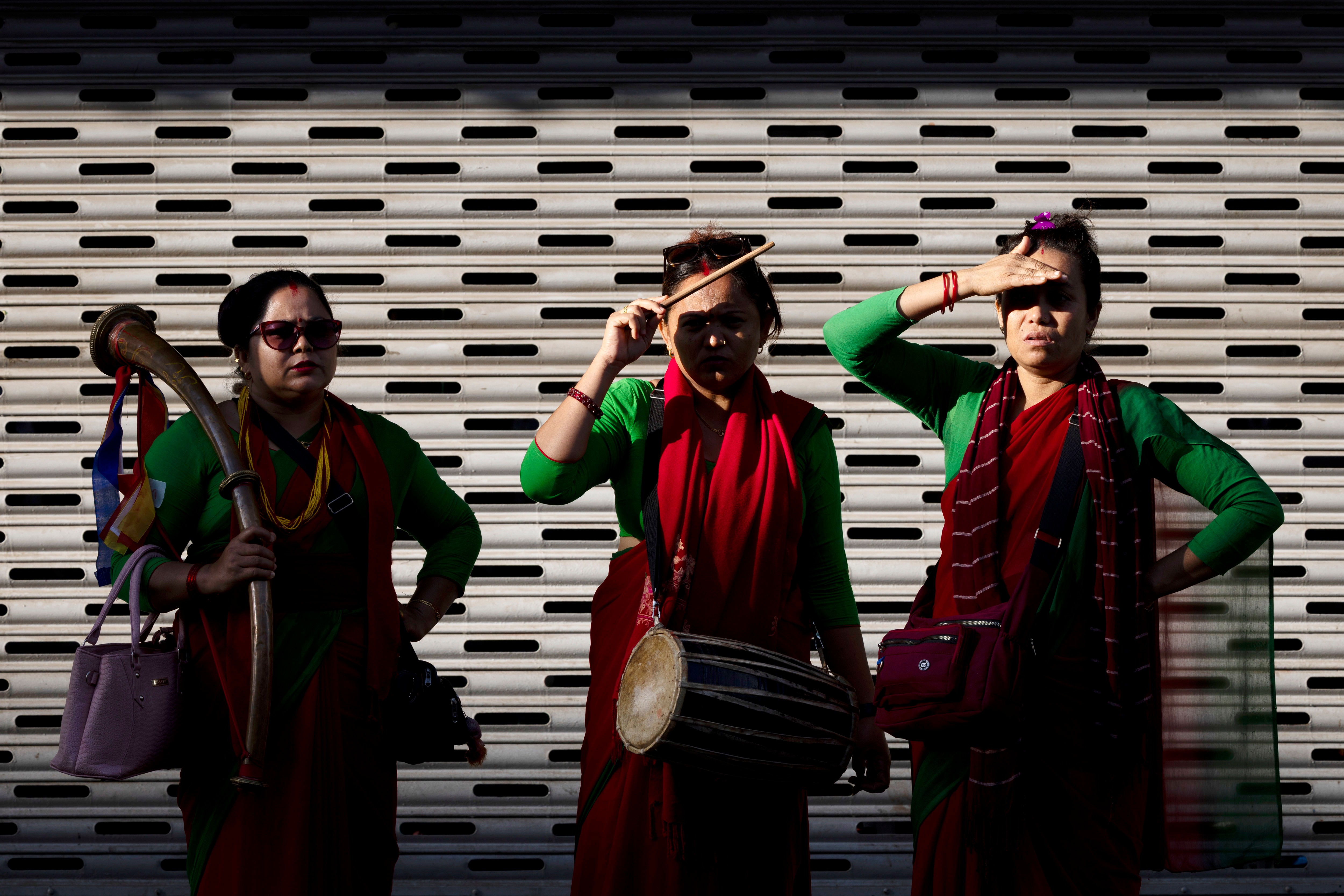A group of Nepalese women from a traditional musical group arrives to participate in a rally marking International Mount Everest Day in Kathmandu, Nepal, 29 May 2025. International Mount Everest Day commemorates the first climb to the summit of Mount Everest on 29 May 1953 by Edmund Hillary and Tenzing Norgay Sherpa. EPA/NARENDRA SHRESTHA