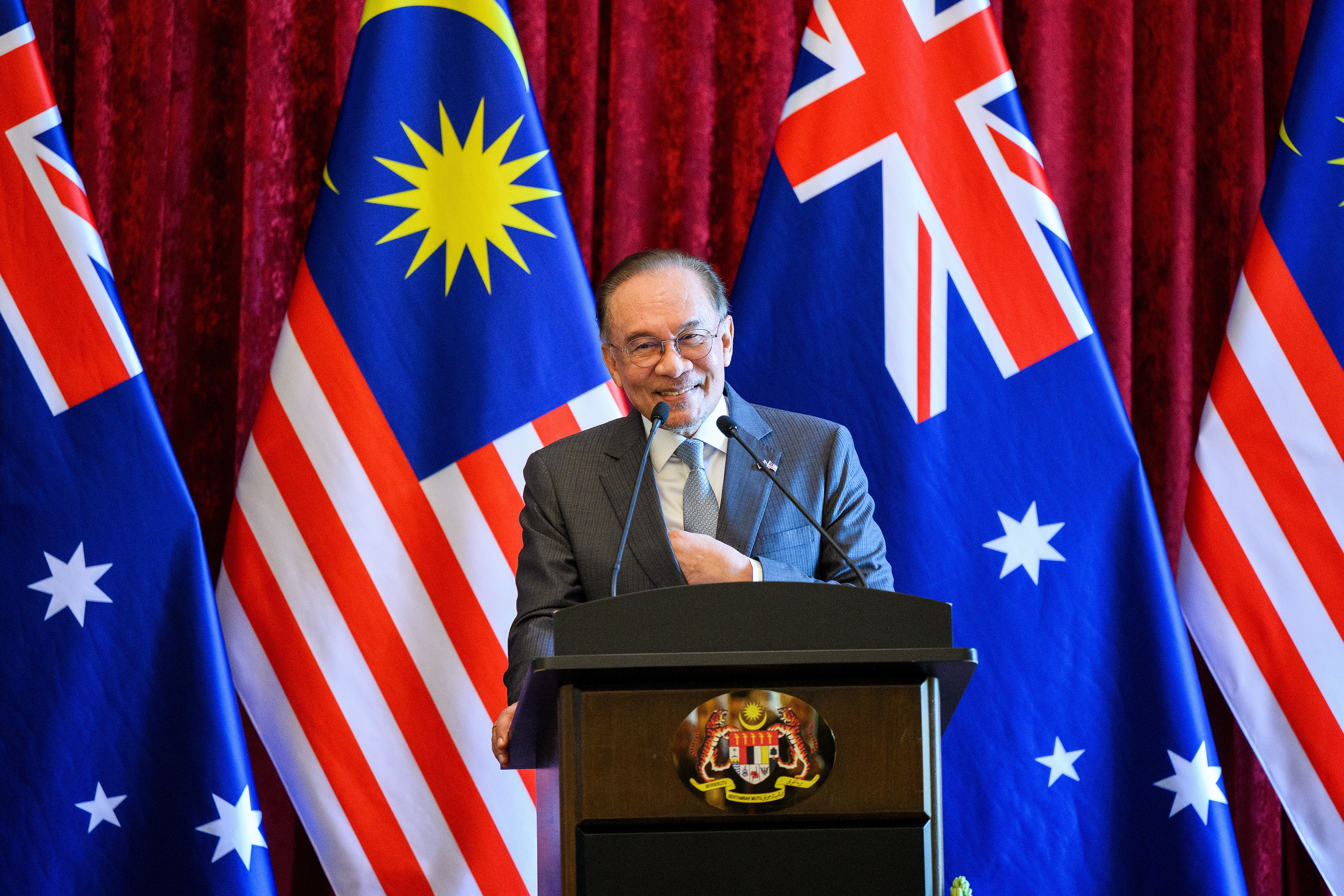 Malaysian Prime Minister, Anwar Ibrahim, speaks during a press conference after signing a joint statement on Energy Security with Australian Prime Minister, Anthony Albanese, at Perdana Putra Complex, Kuala Lumpur, Malaysia, 16 April 2026. EPA/BIANCA DE MARCHI AUSTRALIA AND NEW ZEALAND OUT

