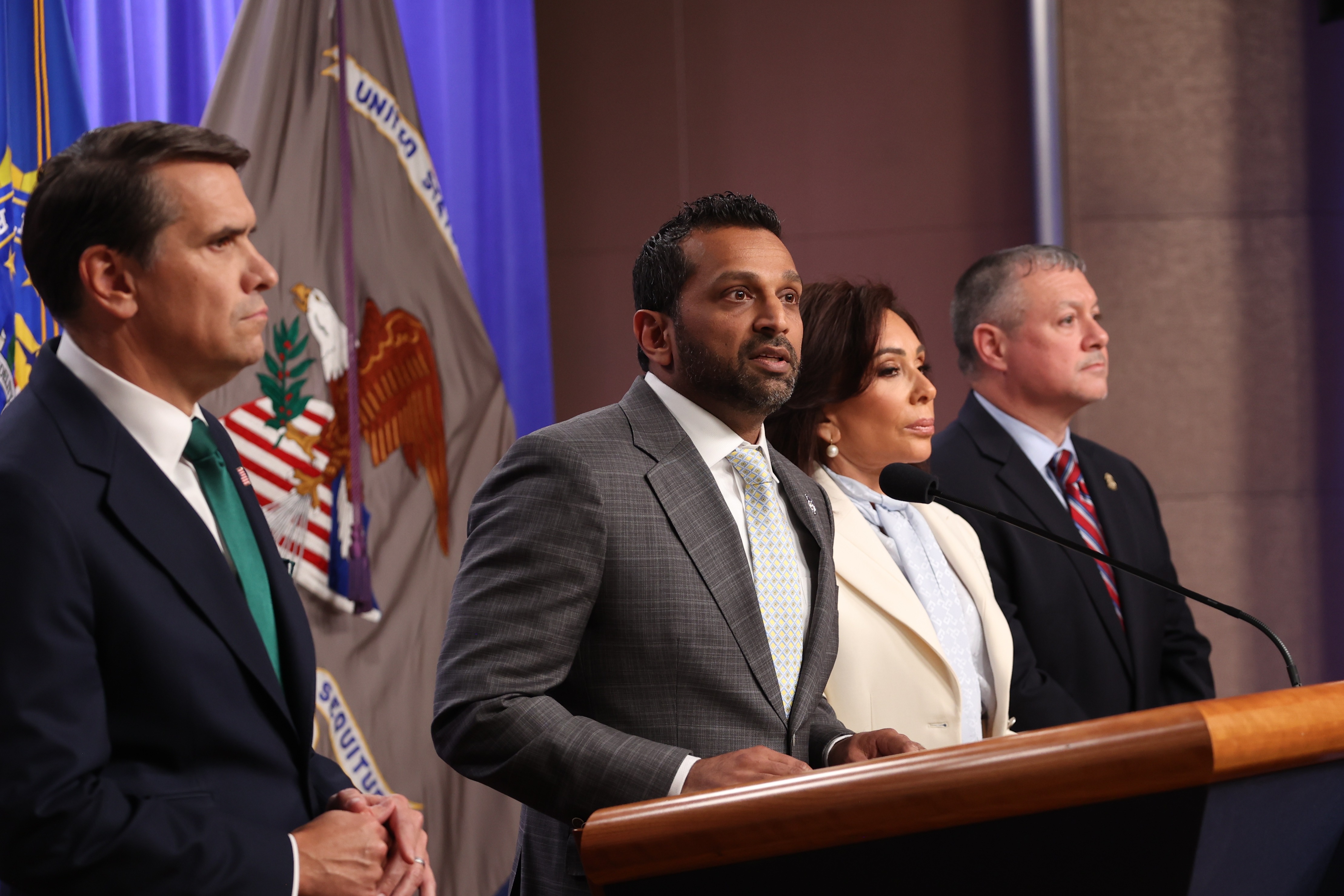 FBI Director Kash Patel speaks alongside Acting Attorney General Todd Blanche (L) and US Attorney for the District of Columbia Jeanine Pirro (R) at a press conference at Department of Justice headquarters in Washington, DC, USA, 27 April 2026. The Justice Department held a press conference regarding the shooting outside the Washington Hilton ballroom hosting the White House Correspondent's Dinner on 25 April. EPA/ALEX WROBLEWSKI