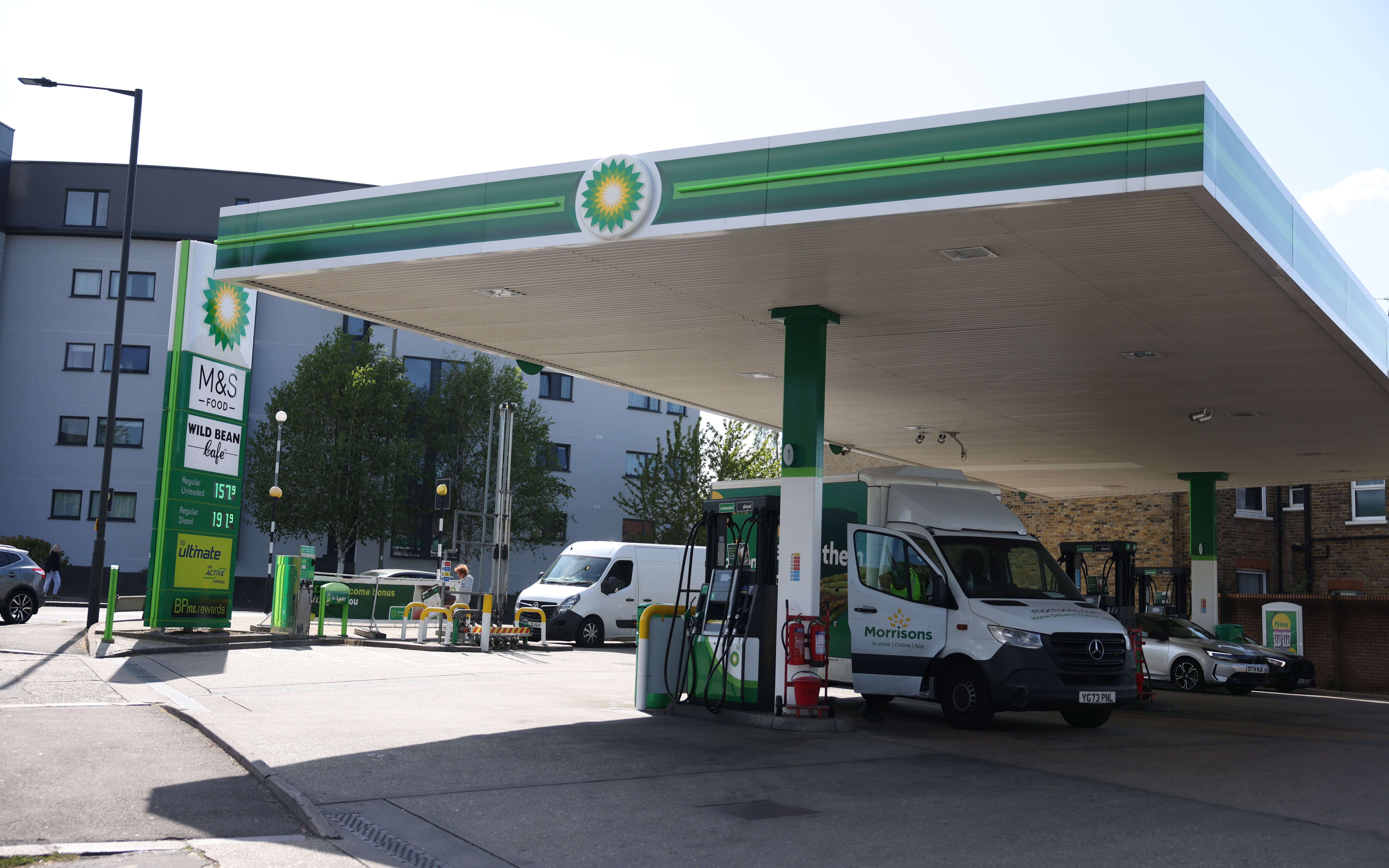 A BP petrol station is seen in London, Britain, 28 April 2026. BP’s profits for the first three months of 2026 more than doubled to 3.2 billion after a surge in oil prices since the beginning of the Iran war. EPA/NEIL HALL