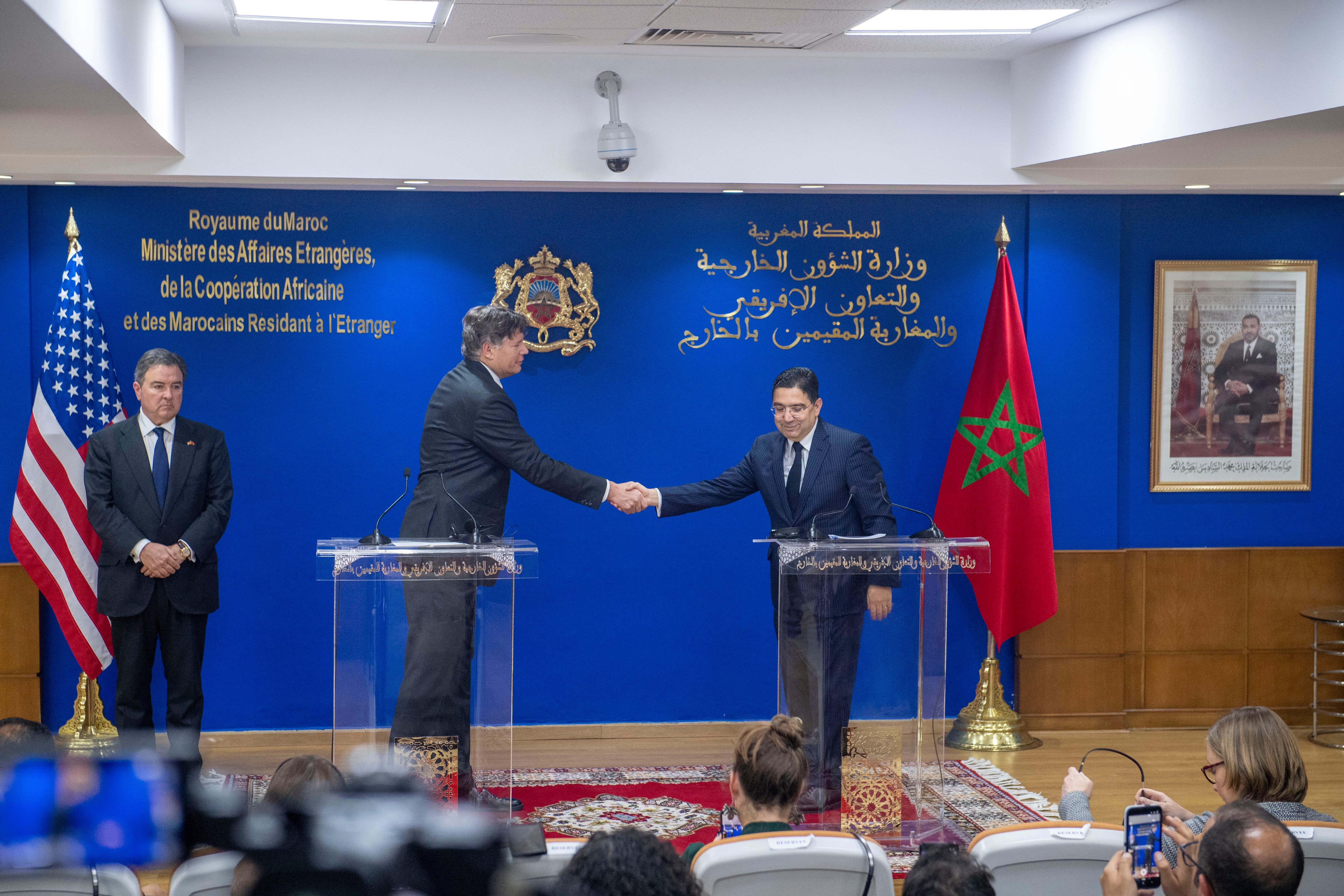 Moroccan Foreign Minister Nasser Bourita (R) and US Assistant Secretary of State Christopher Landau (L) attend a joint press conference during their meeting in Rabat, Morocco, 29 April 2026. EPA/JALAL MORCHIDI