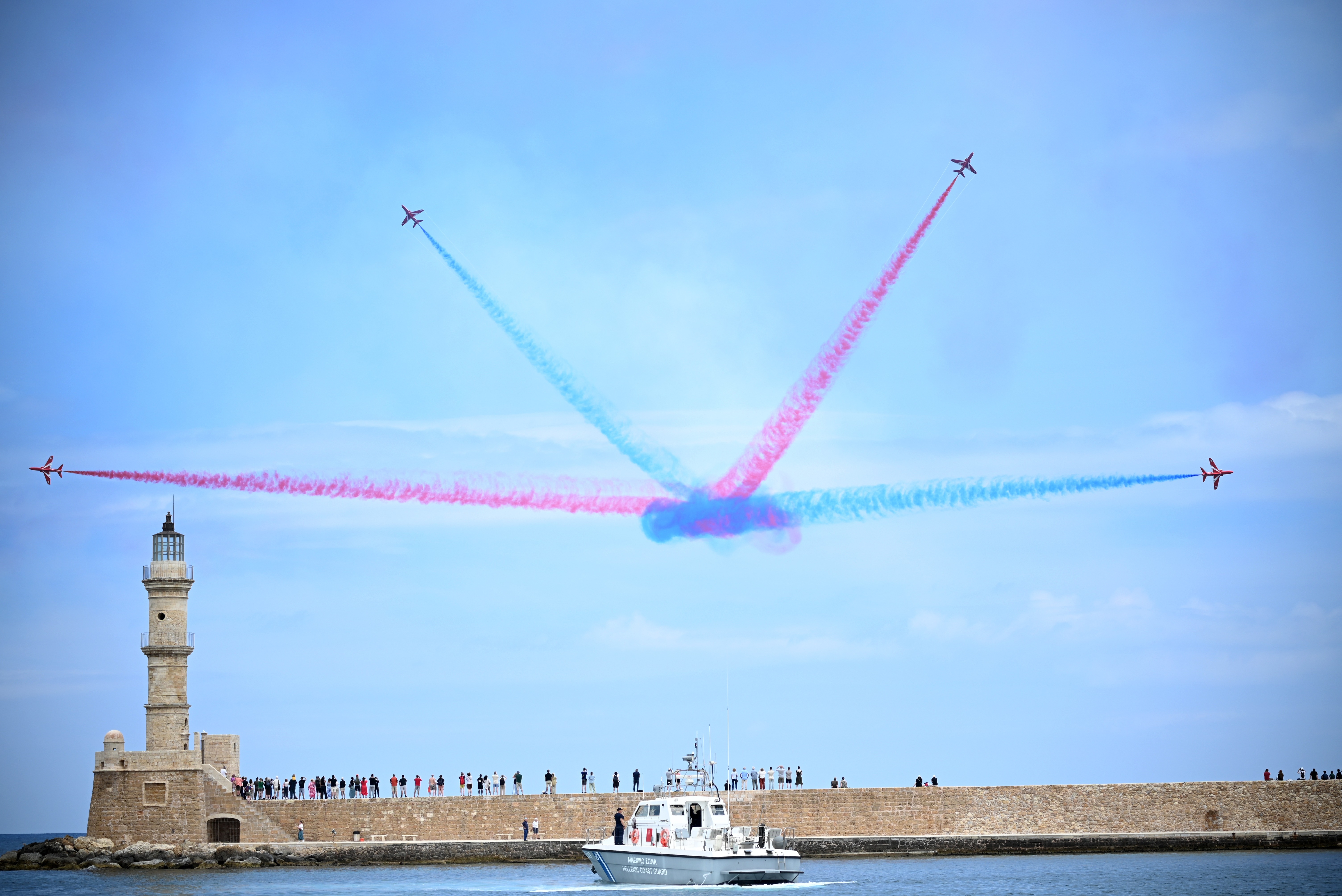 The Red Arrows fly during a parade marking the 85th anniversary of the Battle of Crete at the port of Chania on the island of Crete, Greece, 24 May 2026. Britain’s Princess Anne, the Princess Royal, accompanied by her husband Vice Admiral Sir Timothy Laurence, visits Greece to mark 85 years since the Battle of Crete during World War II. EPA/PETROS PATTAKOS

