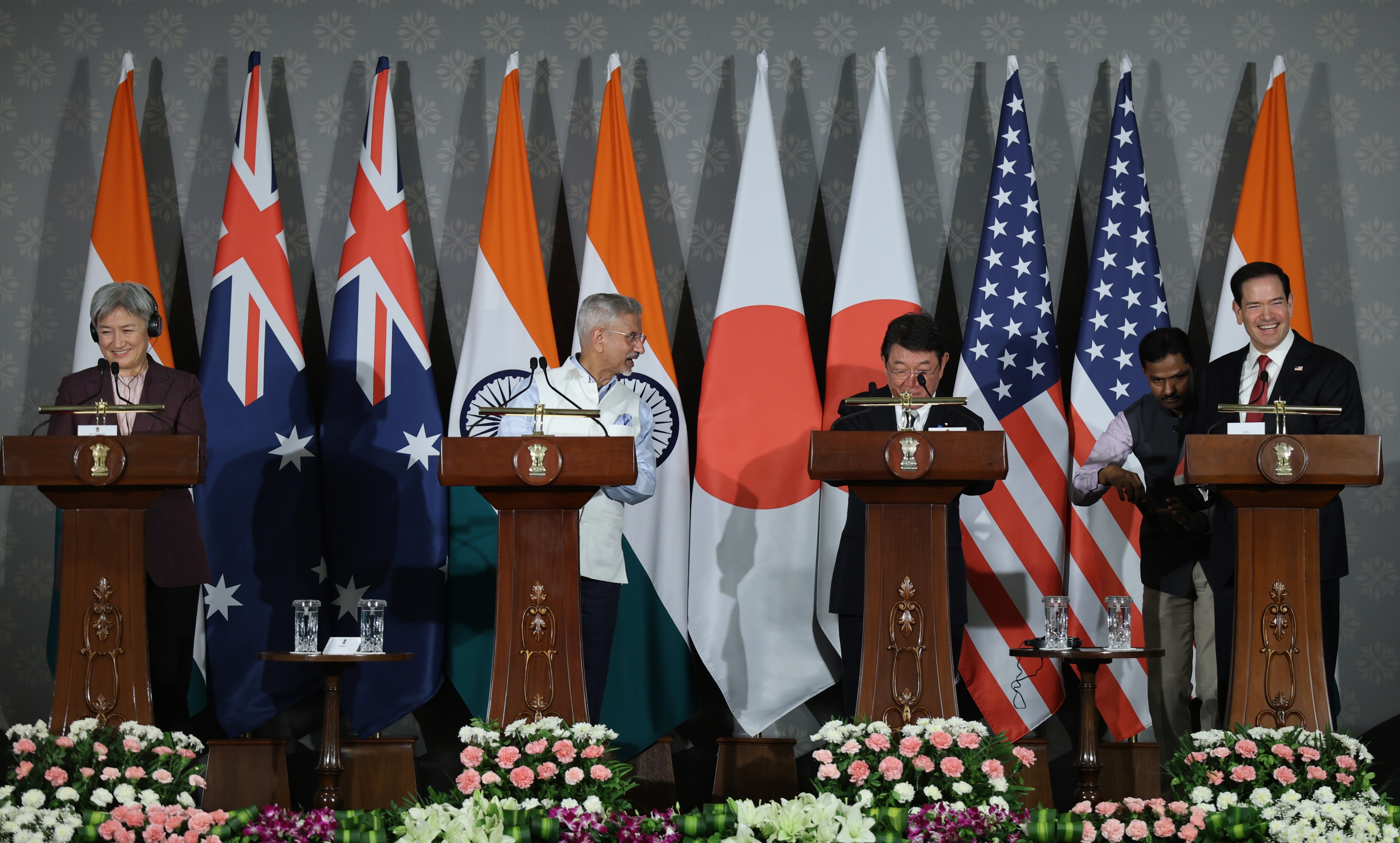 L-R) Australian Foreign Minister Penny Wong, Indian Minister of External Affairs Subrahmanyam Jaishankar, Japanese Foreign Minister Toshimitsu Motegi, and US Secretary of State Marco Rubio attend a joint press conference following the Quad Foreign Ministers' Meeting in New Delhi, India, 26 May 2026. The ministers met to discuss cooperation for a free and open Indo-Pacific and broader international security topics. EPA/RAJAT GUPTA

