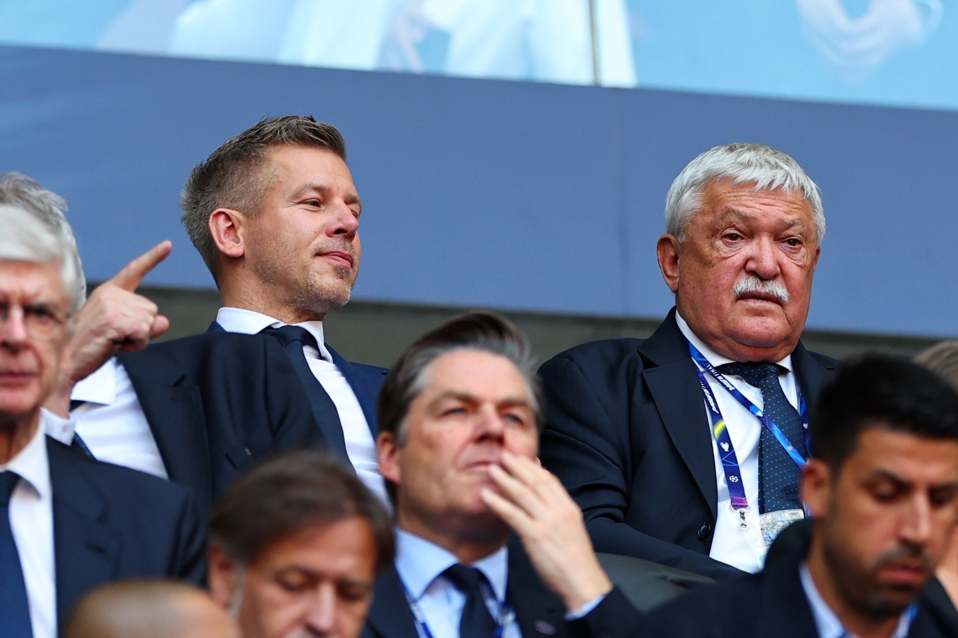 Hungary's Prime Minister Peter Magyar (L) and President of the Hungarian Soccer Federation, MLSZ, Sandor Csanyi attend the UEFA Champions League final between Paris Saint-Germain and Arsenal in Puskas Arena in Budapest, Hungary, 30 May 2026. EPA/ANNA SZILAGYI

