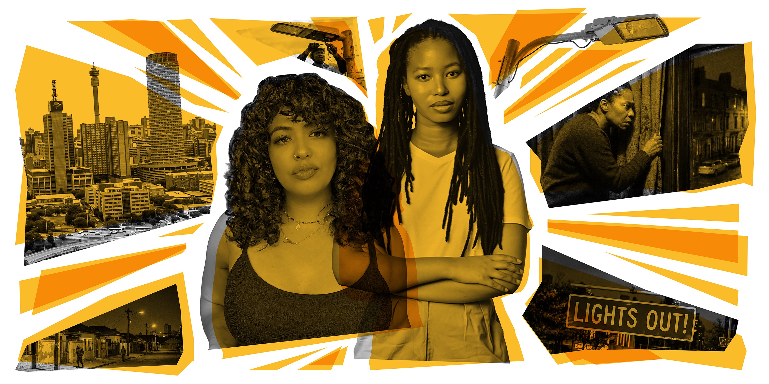 An illustrative image featuring Johannesburg residents Aneesa Adams and Naledi Mashishi against a picture of the city skyline and streetlights