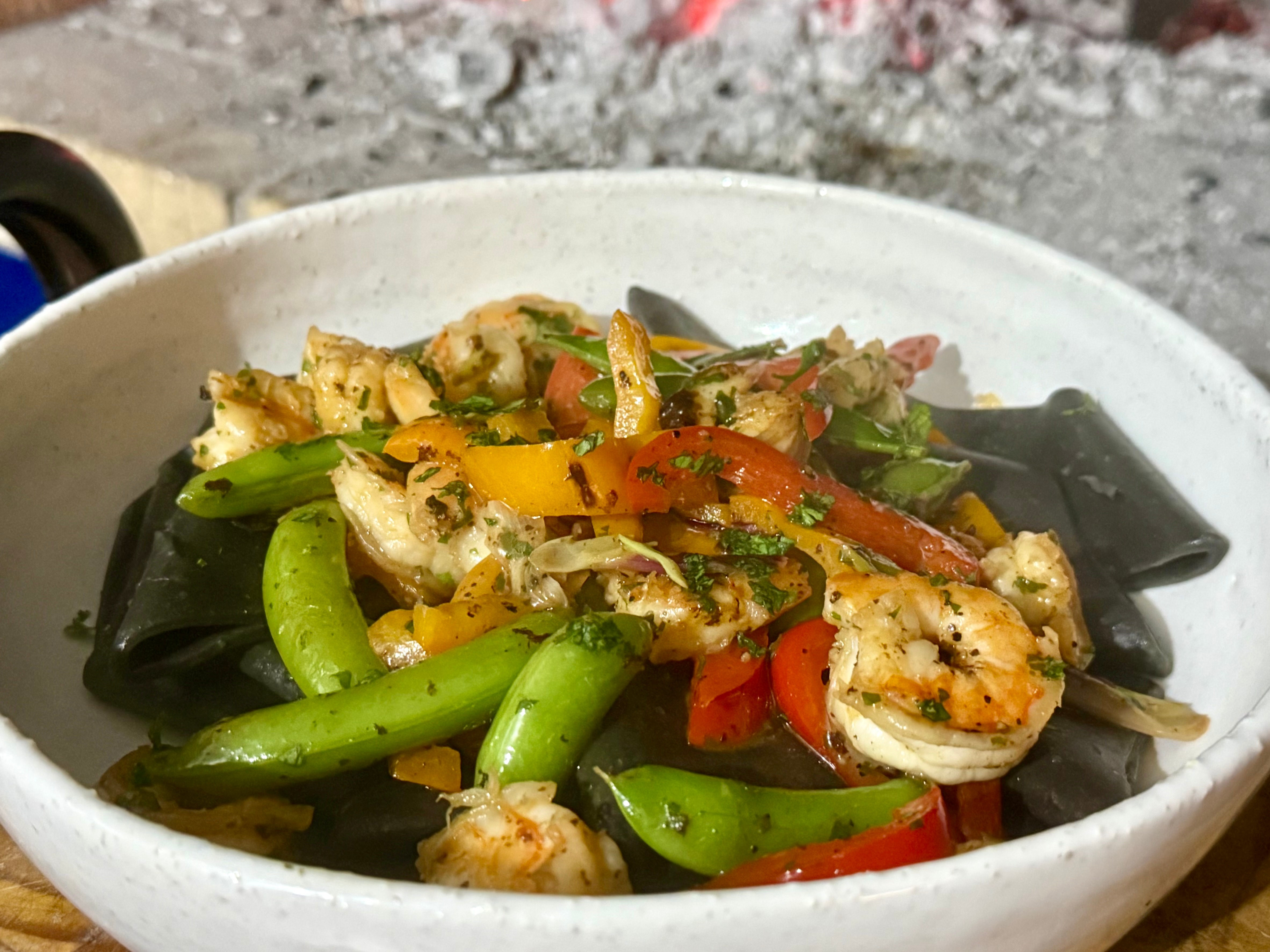 WHAT’S COOKING: Prawns with squid ink pasta tubes (pennoni lisci)