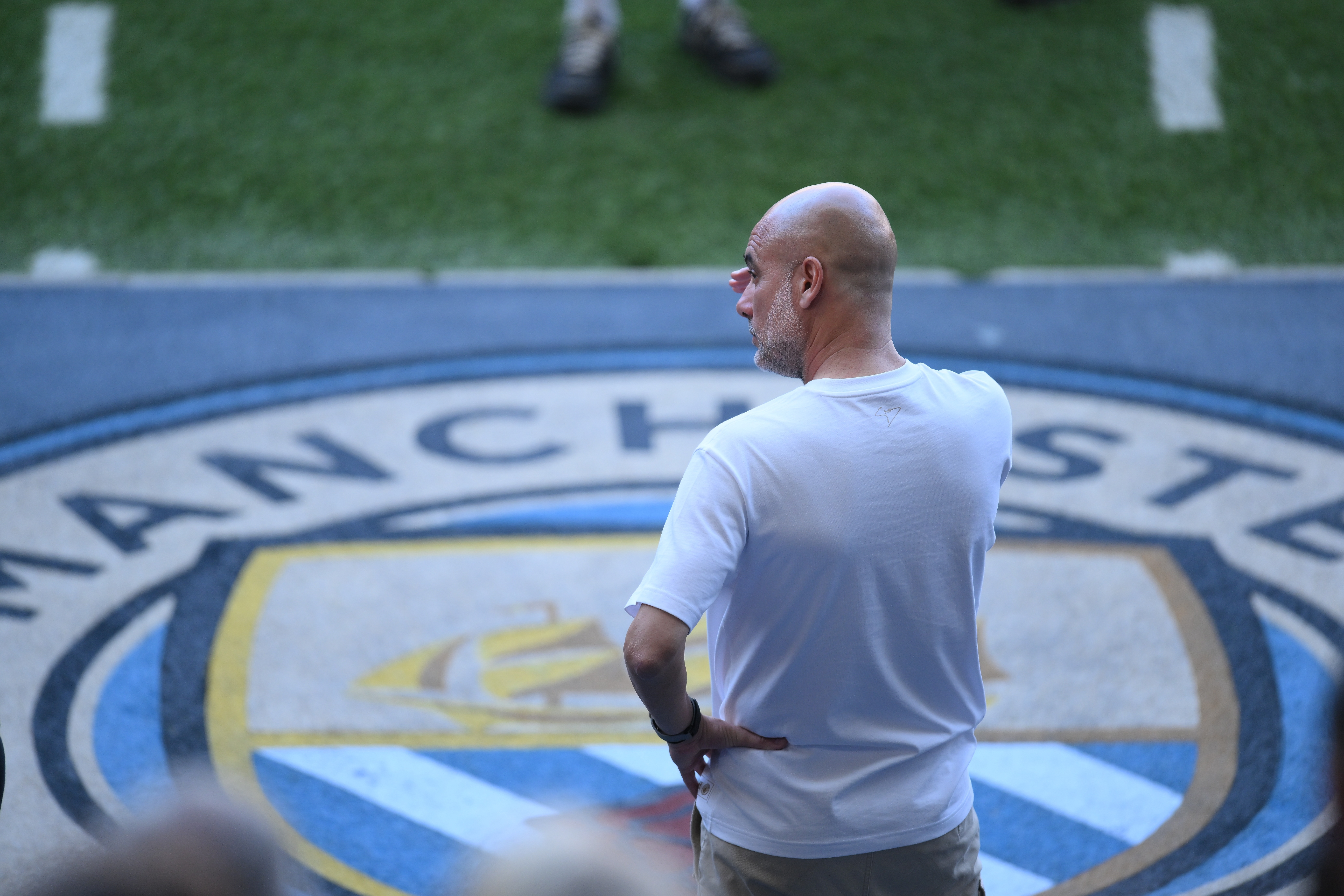 Manchester City's manager Pep Guardiola attends a farewell ceremony after the English Premier League match Manchester City against Aston Villa, in Manchester, Britain, 24 May 2026. EPA/GARY OAKLEY EDITORIAL USE ONLY. No use with unauthorized audio, video, data, fixture lists, club/league logos, 'live' services or NFTs. Online in-match use limited to 120 images, no video emulation. No use in betting, games or single club/league/player publications.