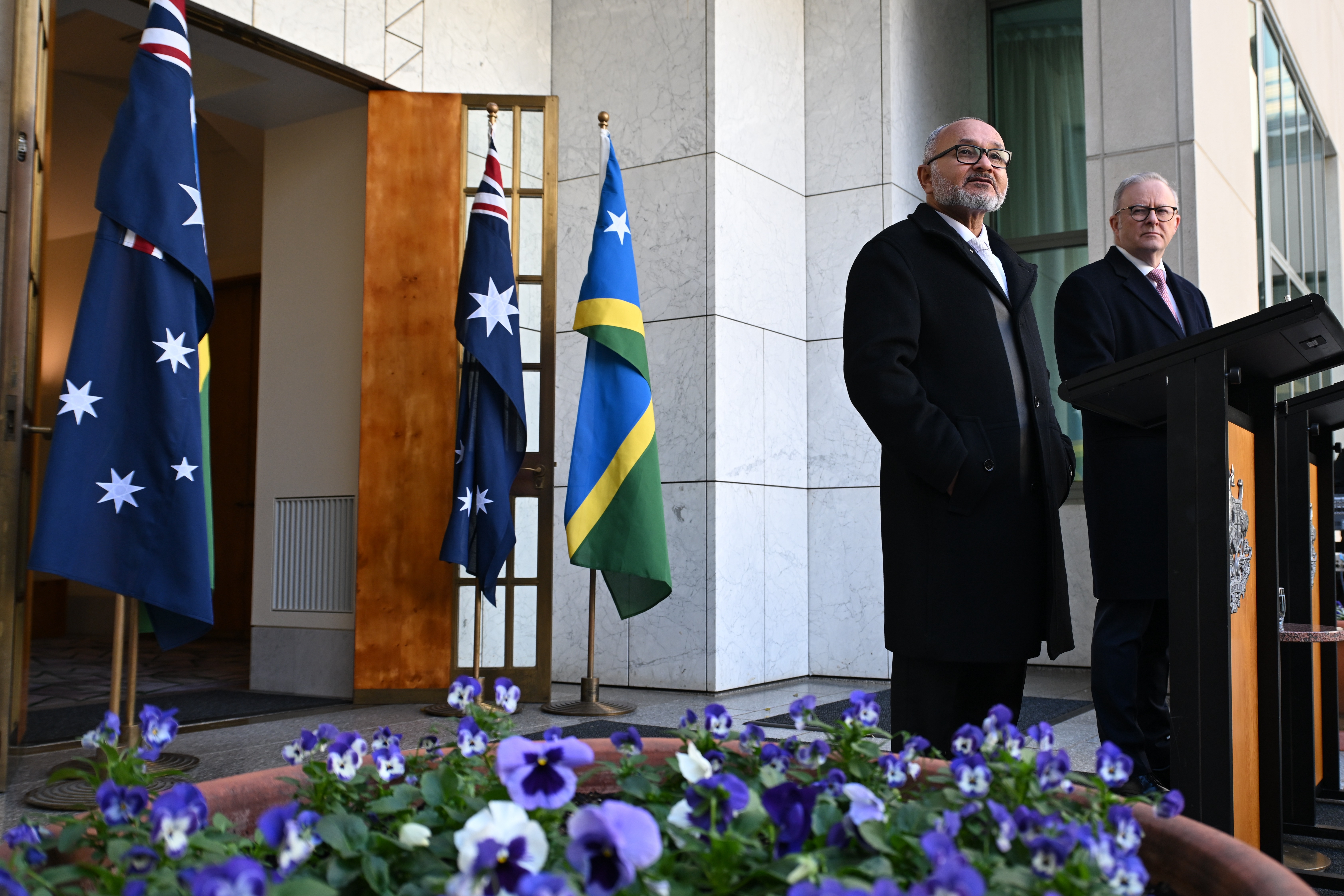 Australian Prime Minister Anthony Albanese (R) and Solomon Islands Prime Minister Matthew Wale take part in a joint press conference after the Australia-Solomon Islands Leaders’ Meeting at Parliament House in Canberra, Australia, 03 June 2026. EPA/LUKAS COCH AUSTRALIA AND NEW ZEALAND OUT