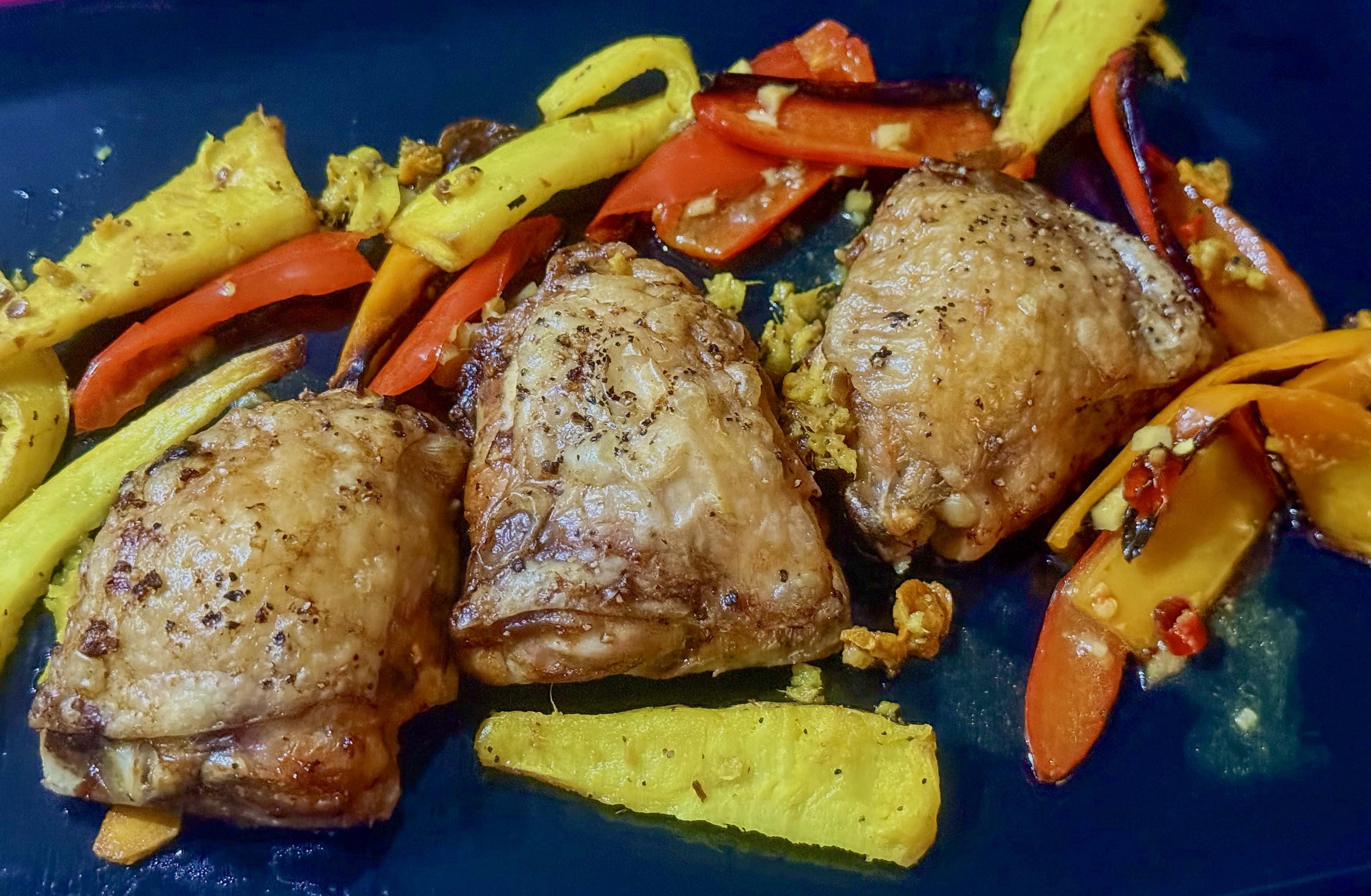 Tony Jackman’s chicken thighs with eccentric accompaniments, in your air fryer. (Photo: Tony Jackman)
